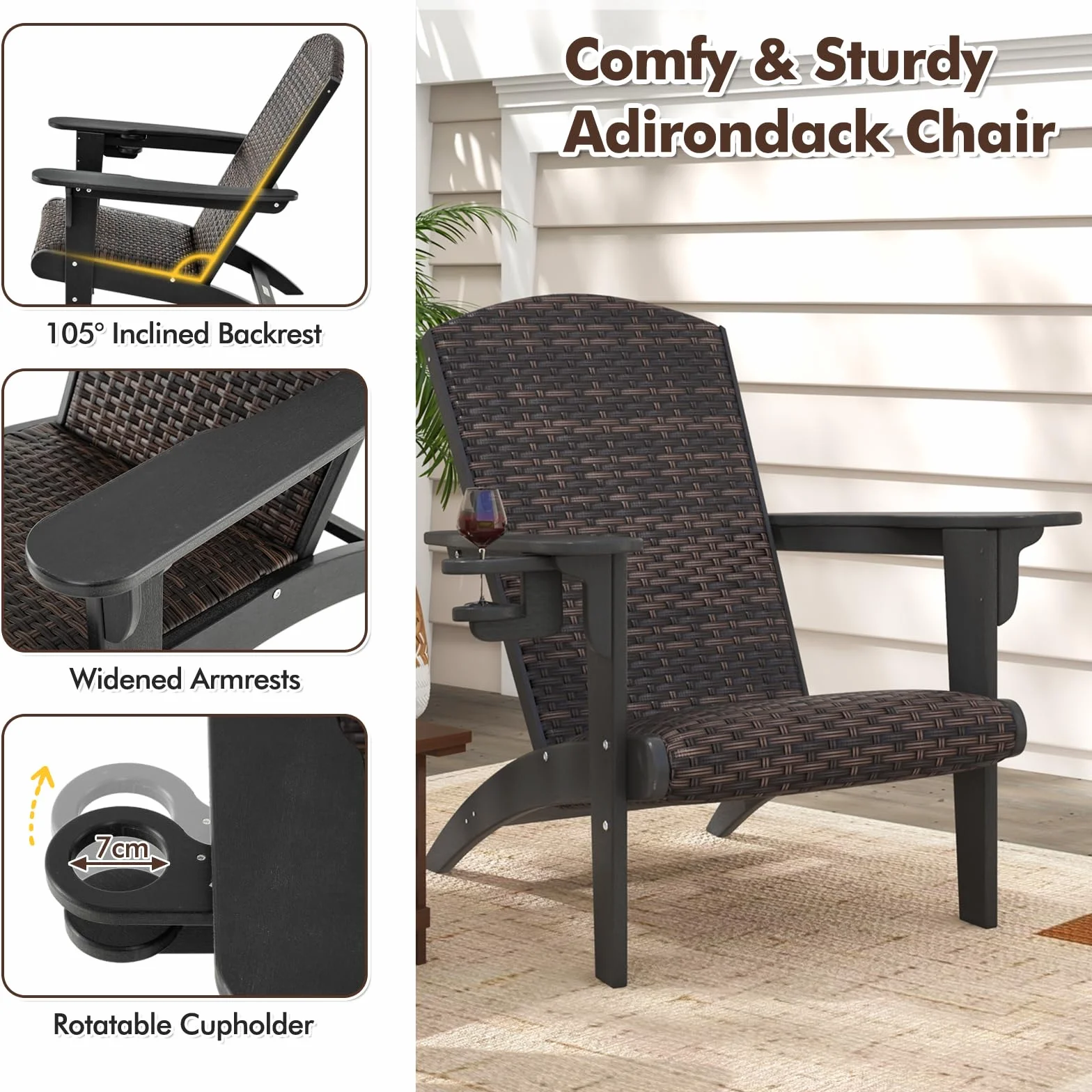 LIFEZEAL Sedia Adirondack da Esterno, in Plastica, Rattan PE, Imbottito da Spugna, con Braccioli, Portabicchiere, Resistente alle Intemperie, per Giardino, Terrazza, Patio, Aperto, Max 150kg (nero)