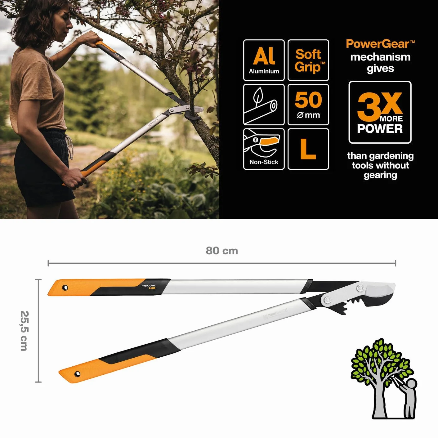 Fiskars PowerGear X Troncarami Bypass, 5 cm Ø di taglio, 80 cm, Acciaio antiaderente, Nero/Arancione