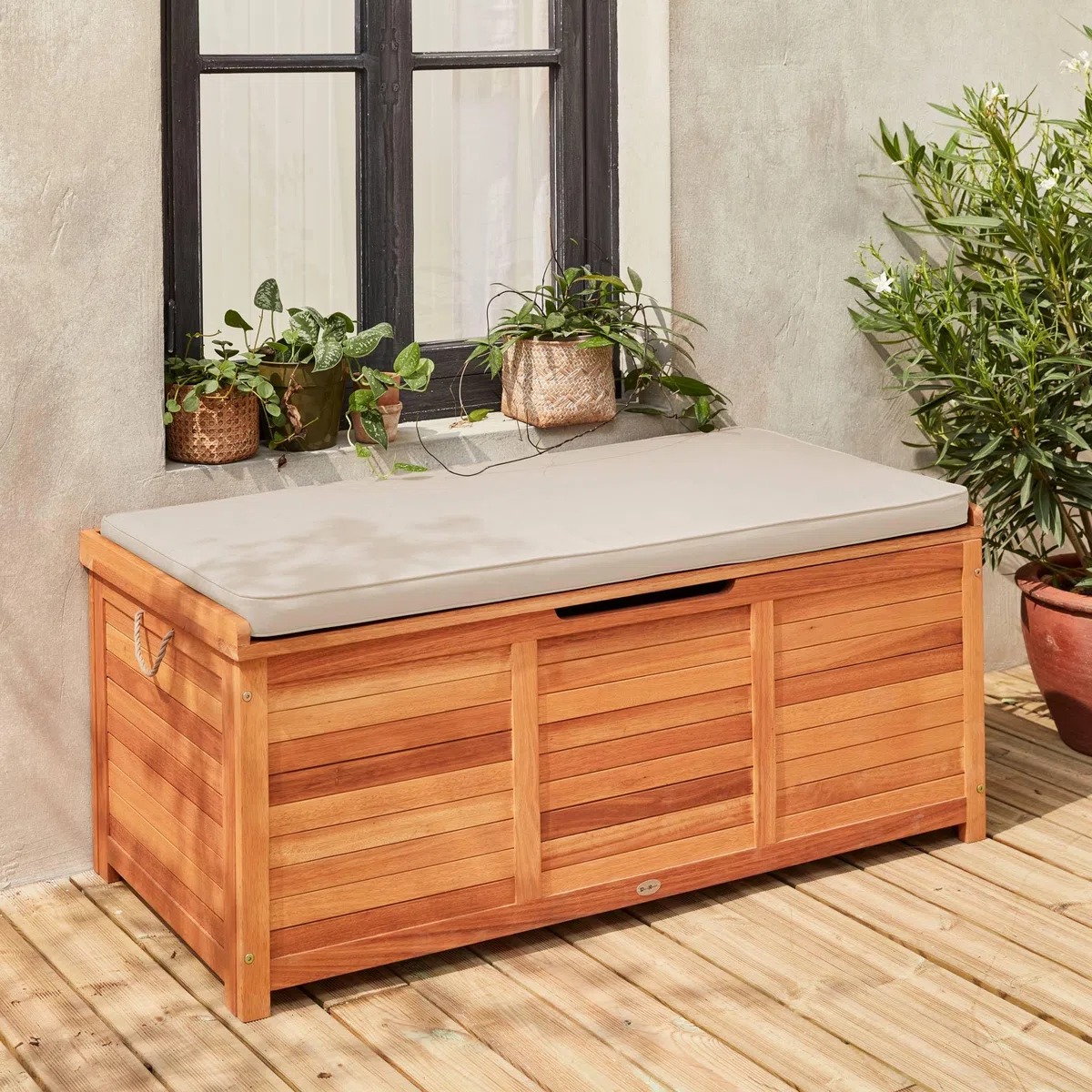 sweeek Cassapanca da Giardino in Legno 200L con martinetti Marrone Naturale - 125x60x96 cm