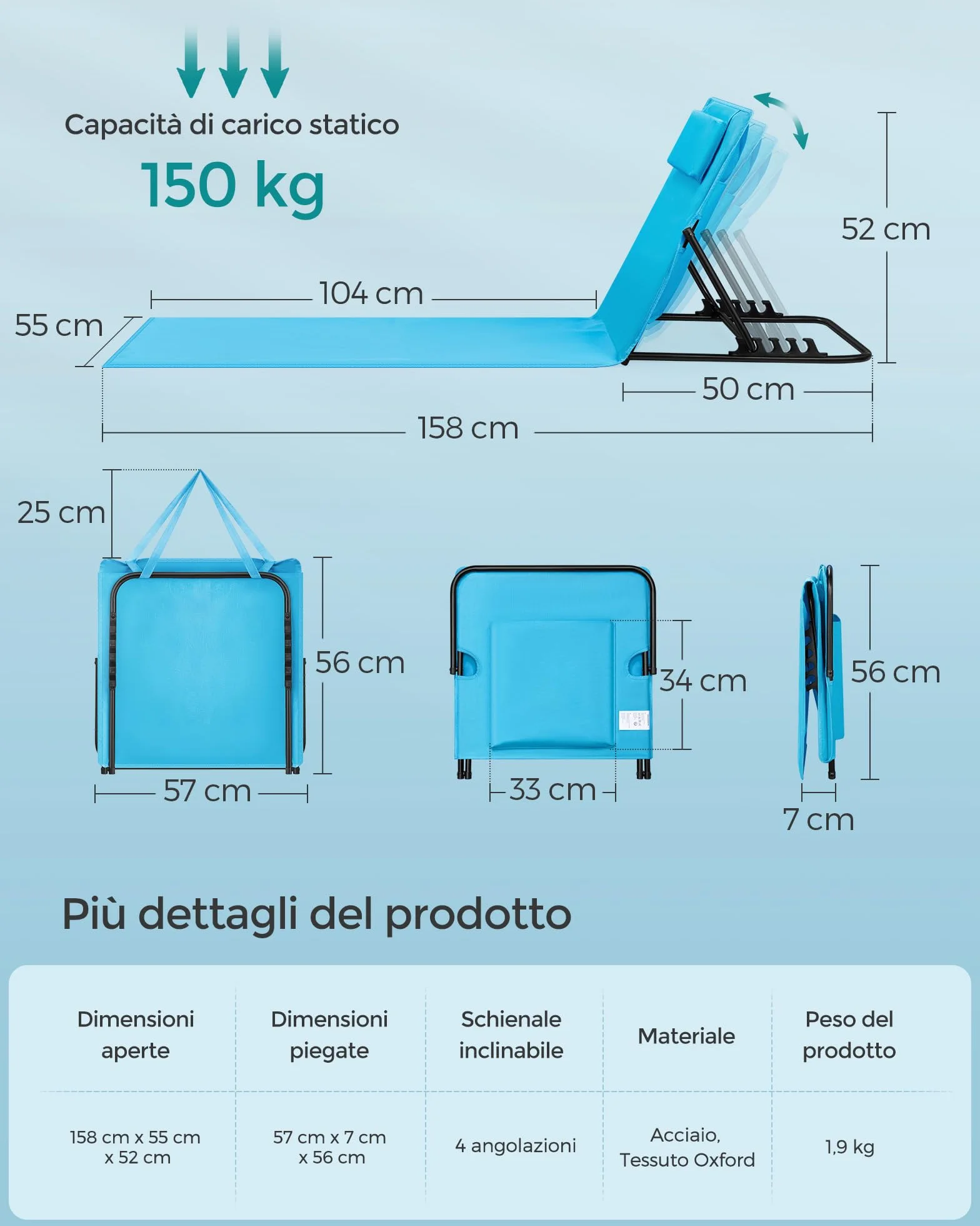 SONGMICS Set di 2 Lettini da Spiaggia, Sedie a Sdraio, Portatile con Manico, 158 x 55 cm, Azzurro Cielo
