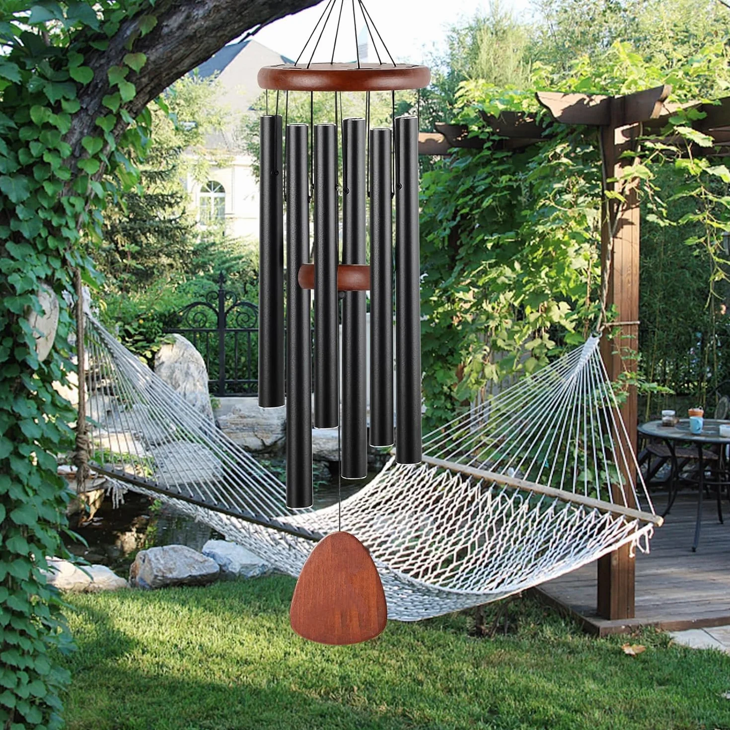 Scacciapensieri in alluminio, 107 cm, 6 tubi in metallo, per esterni, giardino, terrazza, decorazione con parasole, colore nero classico