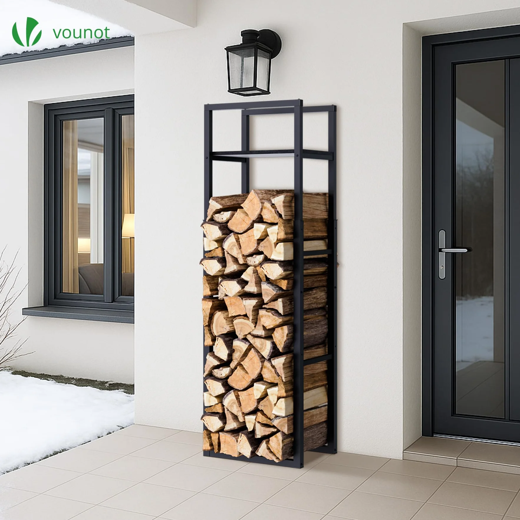 VOUNOT Legnaia in Metallo con Ripiano 45x32x120-170 cm Altezza Regolabile 3 Livelli Salvaspazio Interno Esterno Nero