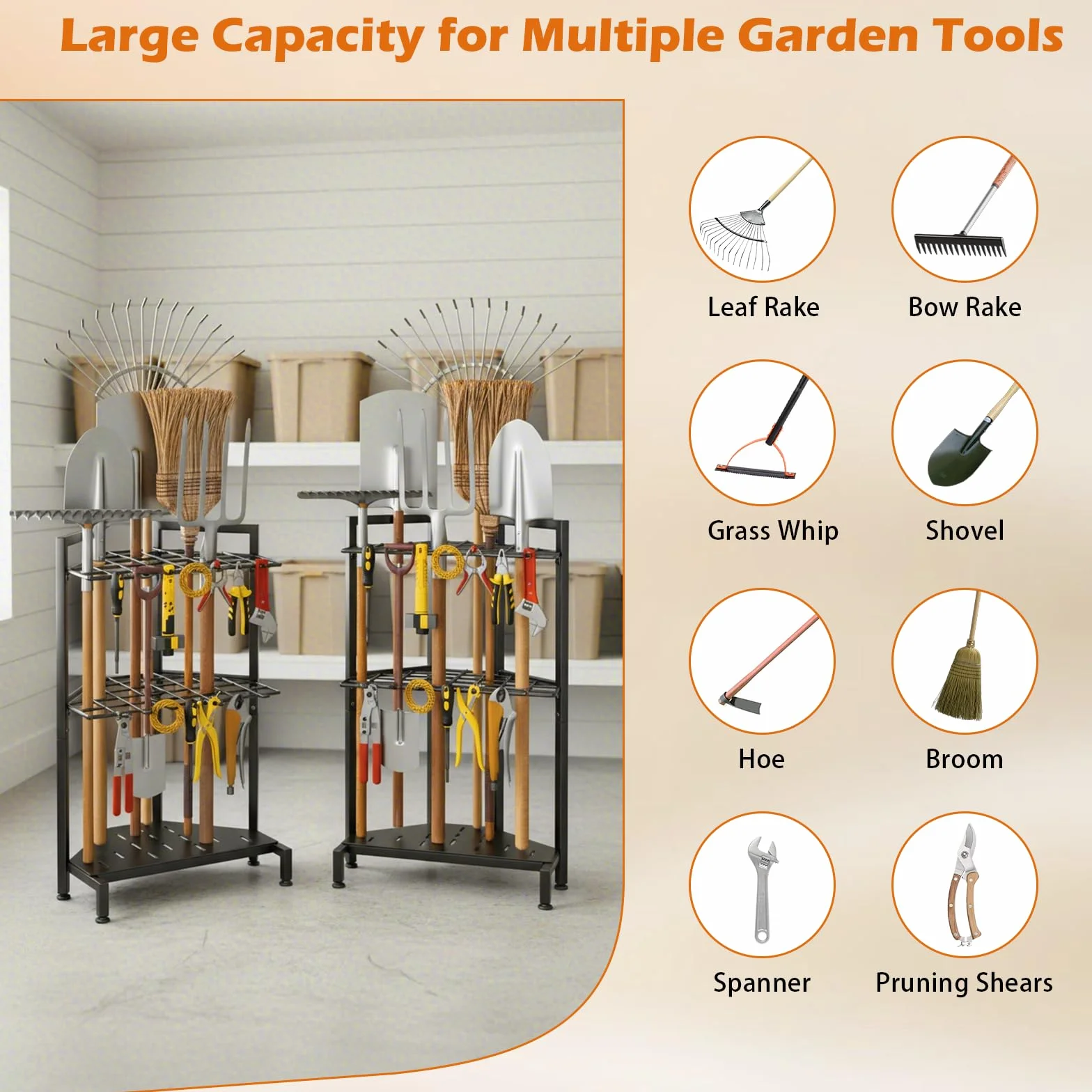 Porta Attrezzi da Giardino,Organizer per Attrezzi da Giardino,Supporto Metallo con 3 Livelli e Ruote, Conservazioneper Fino a 35 Attrezzi/Scope/Rastrelli a ManicoLungo