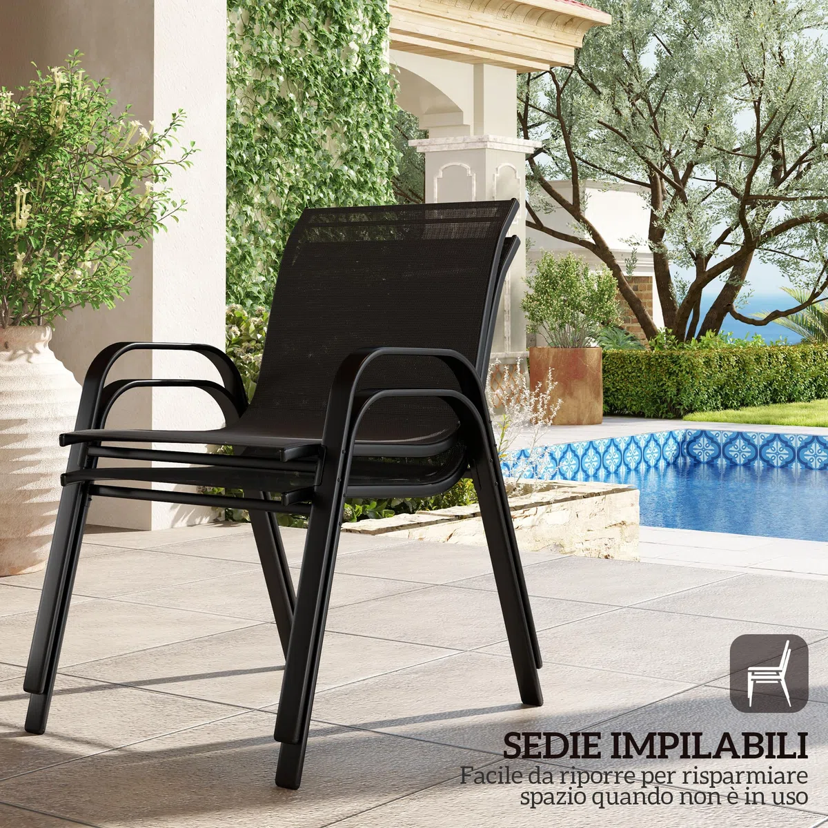 Outsunny Set Salotto da Giardino 4 Pezzi, Divanetto 2 Posti, 2 Sedie Impilabili, Tavolo Caffè Vetro, Acciaio, Texteline Nero