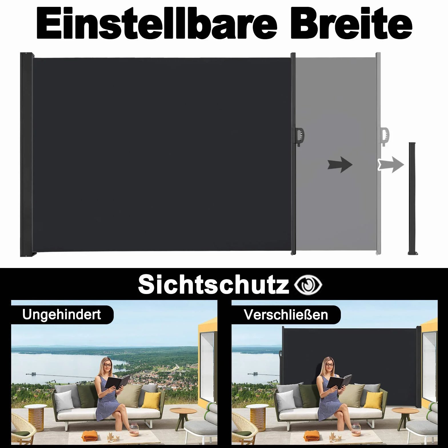 Tende da Sole Paravento Laterale Frangivento Estensibile Protezione Privacy per Terrazza 180 x 300 cm Antracite