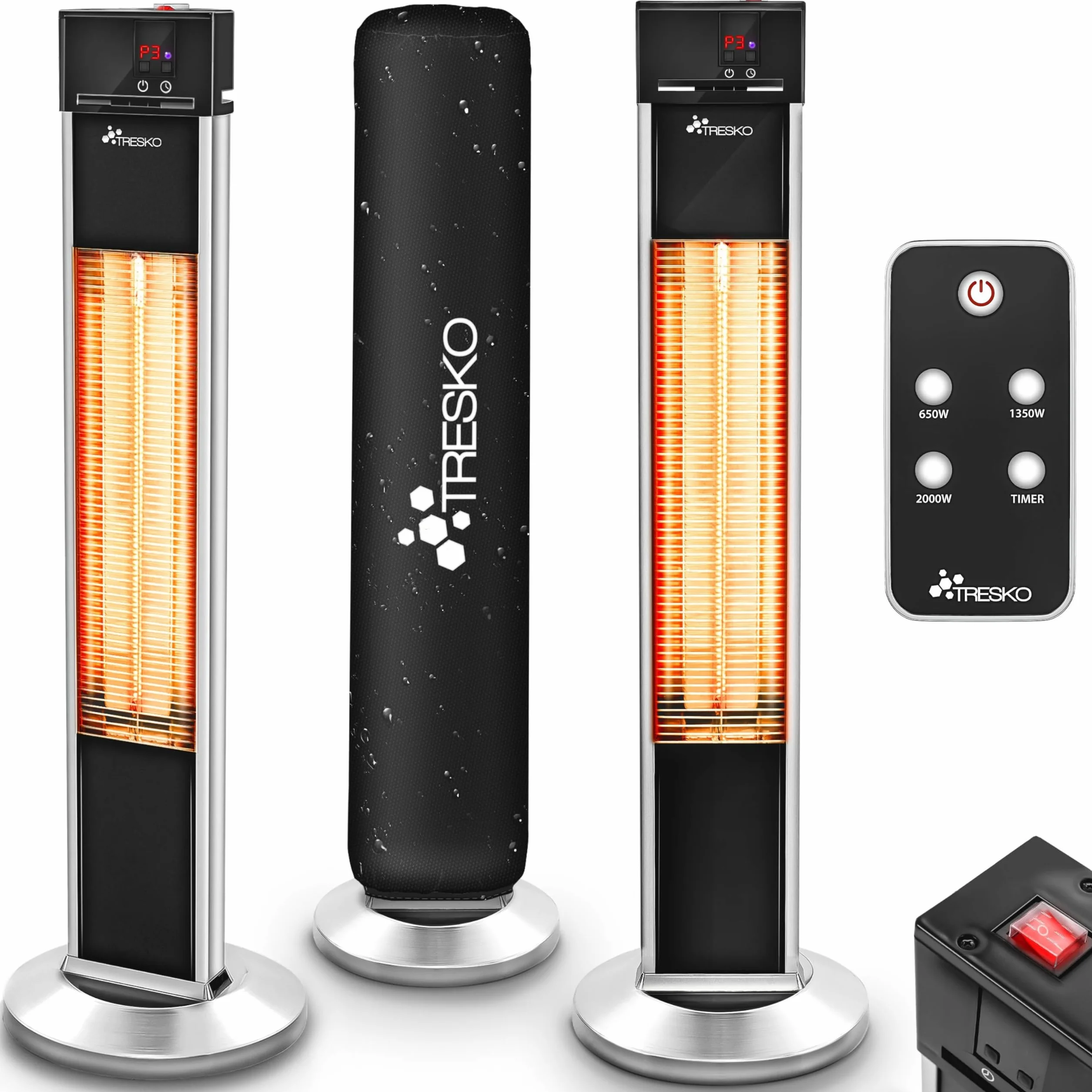 TRESKO Stufa a Infrarossi 2000W Torre Telecomando 3 Livelli Calore Riscaldatore Elettrico da Terrazzo