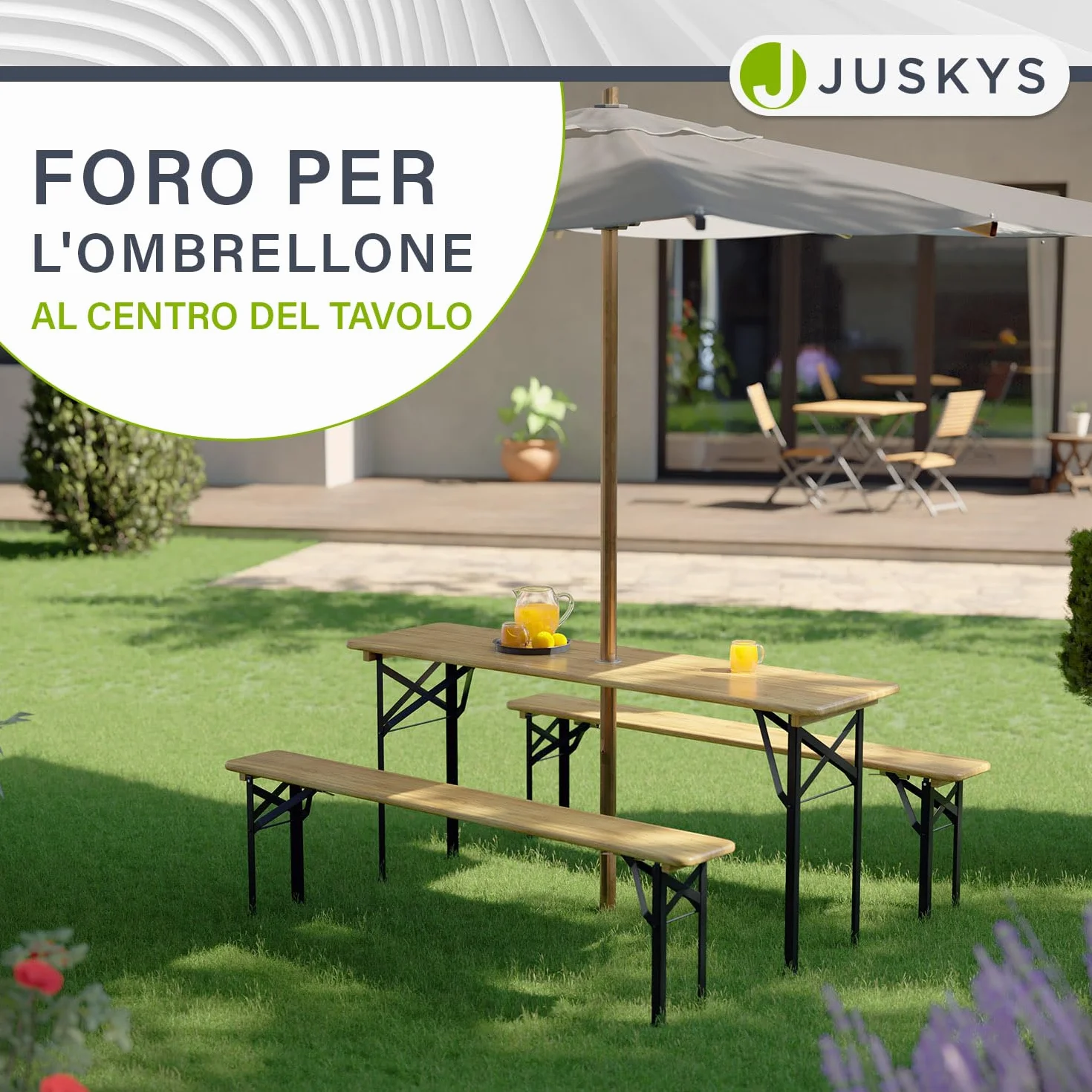 Juskys Set birreria Bichl 3 pezzi pieghevole 170x46x77 cm - Set mobili da giardino tavolo da birra e 2 panche da birra