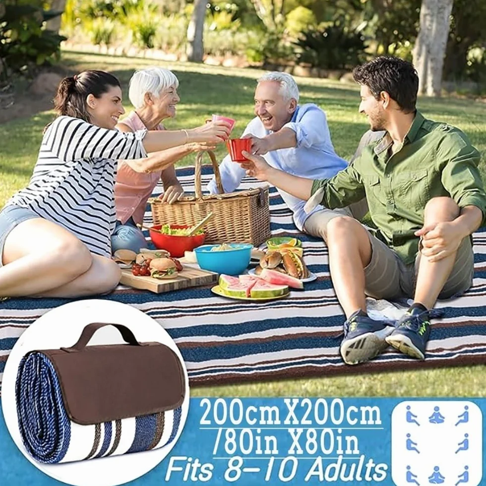 Coperte da Picnic Pieghevoli Impermeabili Anti-Sabbia Extra Large 200cm x 200cm Blu Bianco