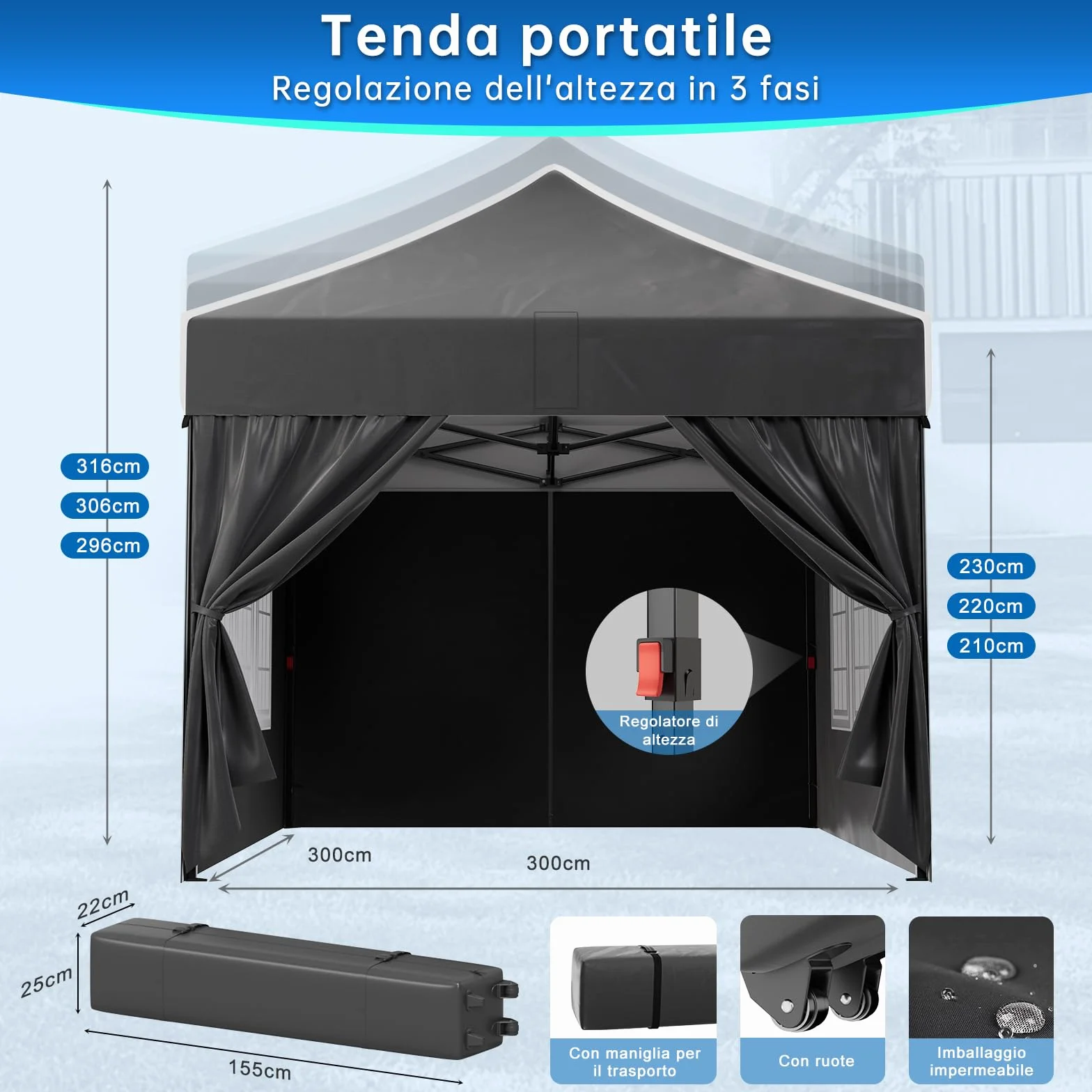 Devoko Gazebo 3x3 impermeabile pieghevole con pareti laterali protezione UV 50+ nero