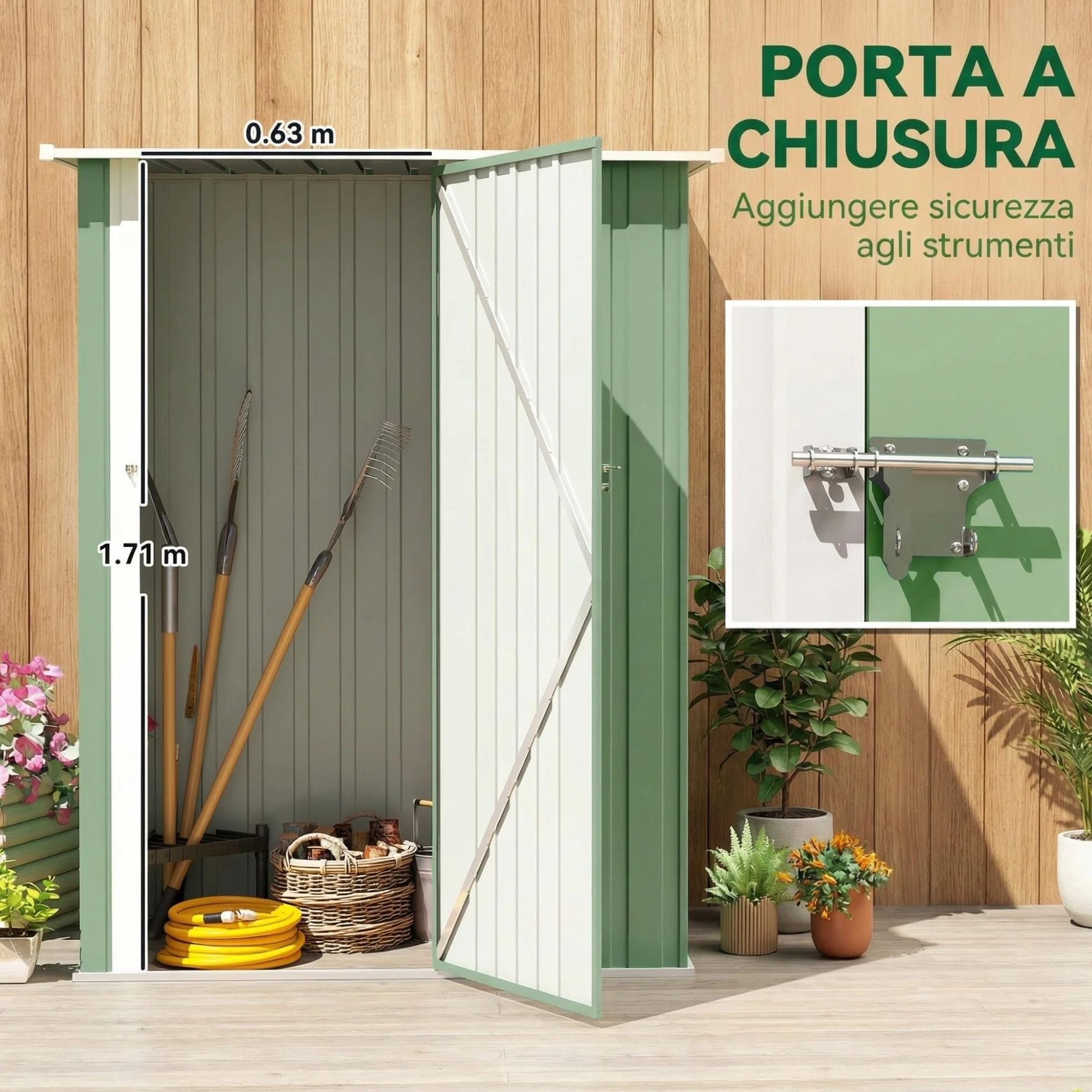 Outsunny Casetta da Giardino 1.07m² Acciaio Zincato Porta Attrezzi 142x86x189 cm Verde Chiaro