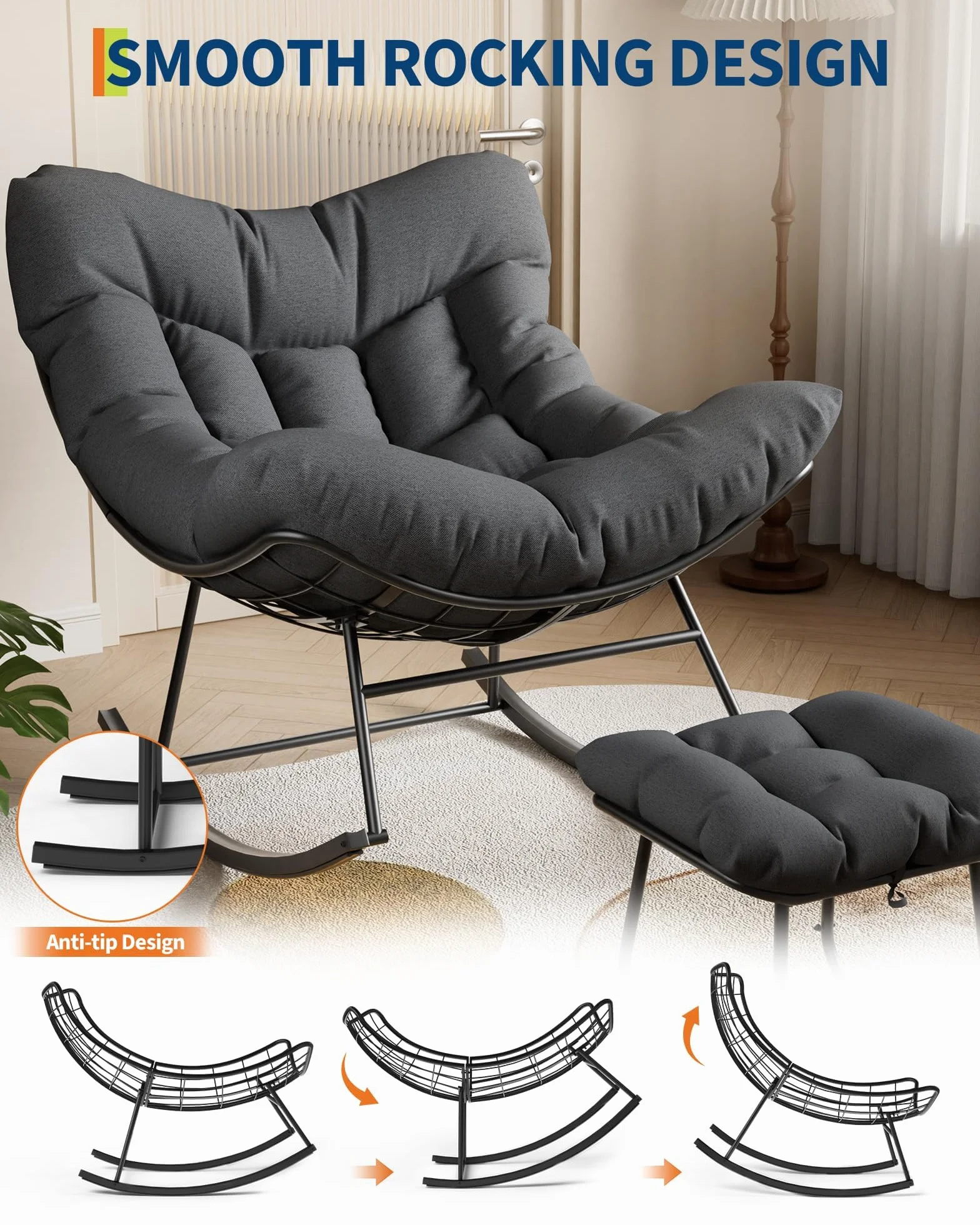 Sedia a dondolo esterno oversize forma uovo poggiapiedi - Seduta ergonomica tessuto grigio imbottitura spessa, struttura in metallo resistente alle intemperie, moderna sedia giardino giardino