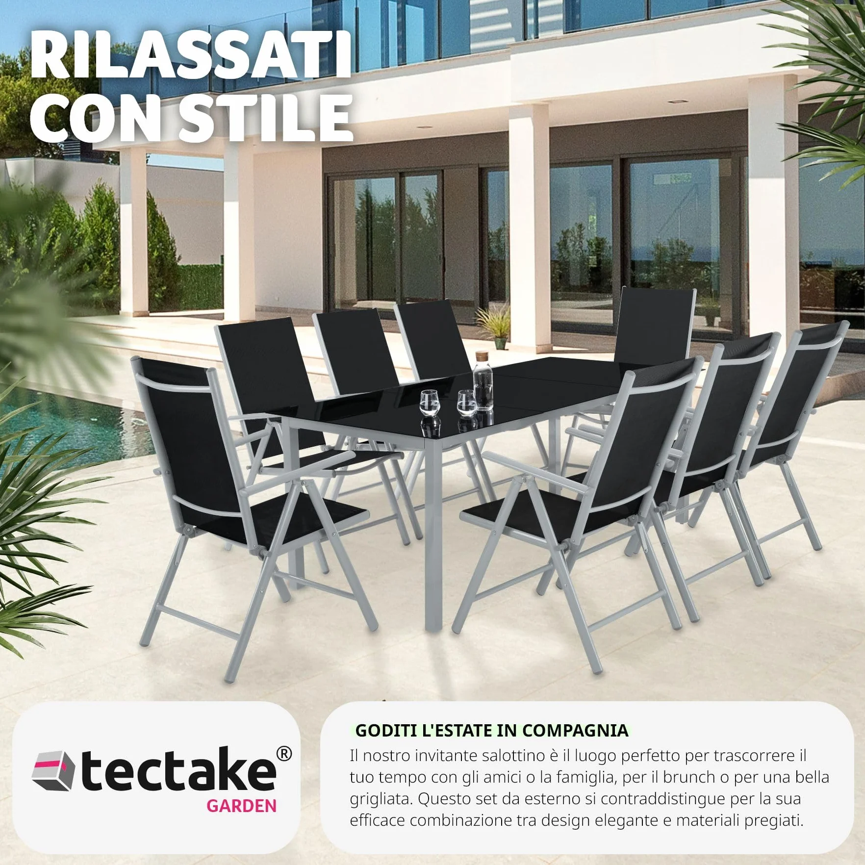 Tectake Set mobili da giardino tavolo massiccio con lastra di vetro di sicurezza telaio alluminio 8 sedie confortevoli grigio chiaro