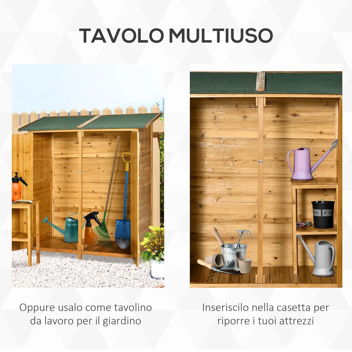 Outsunny Casetta Porta Attrezzi in Legno di Abete, Capanno da Giardino a 2 Ante con Sgabello Alto a 2 Ripiani e Tetto Idrorepellente, 140x75x157 cm