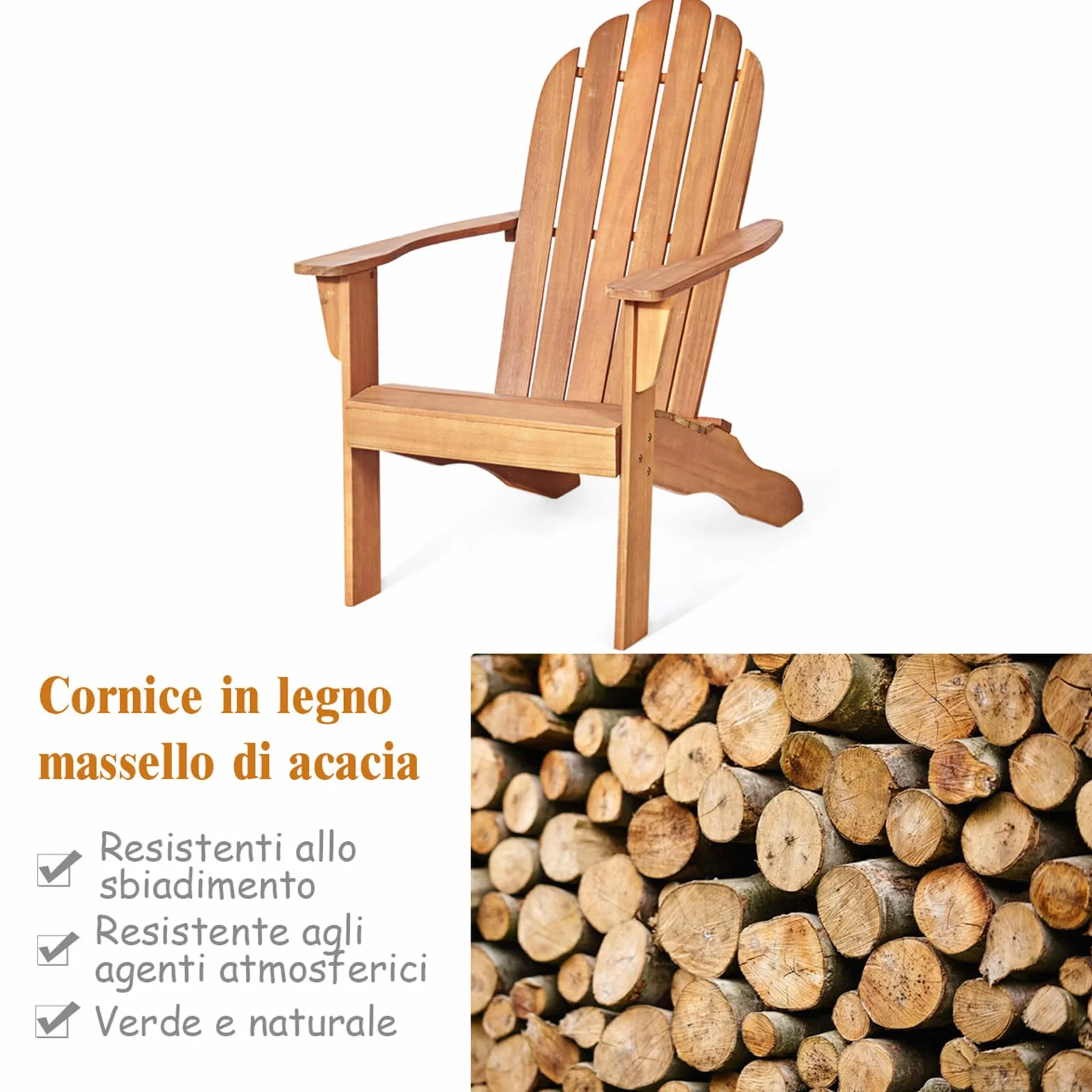 COSTWAY Adirondack-Sedia Giardino in Legno, Poltrona Esterno con Schienale Alta, Sedia a Sdraio Prendisole per Spiaggia Cortile Balcone, Portata 160 kg (Naturale, 69 x 88 x 103 cm)