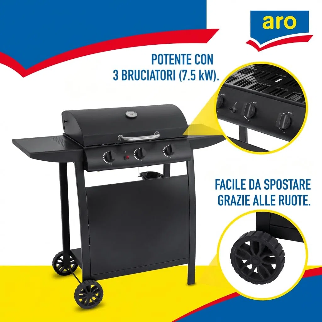 aro Barbecue a Gas 3 Bruciatori Acciaio Nero con Termometro Tavolini Laterali