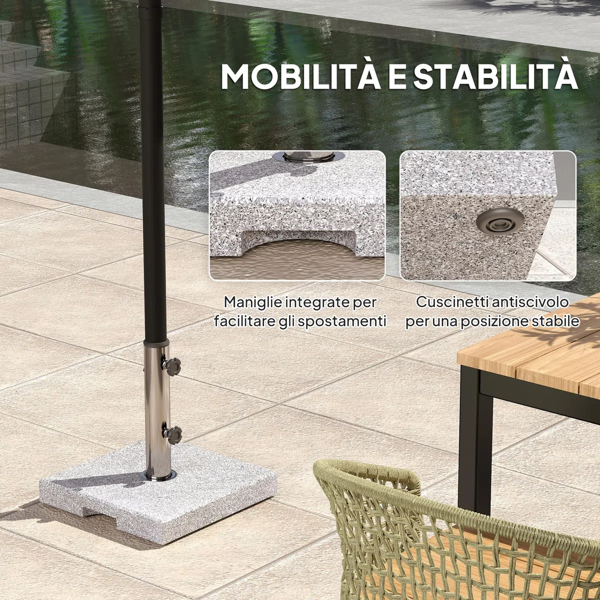 Outsunny Base per Ombrellone in Granito da 21 kg, Base Quadrata per Ombrelloni da Esterno con Maniglie e 2 Manopole Regolabili, Ideale per Giardino, Patio, Bordo Piscina, Grigio