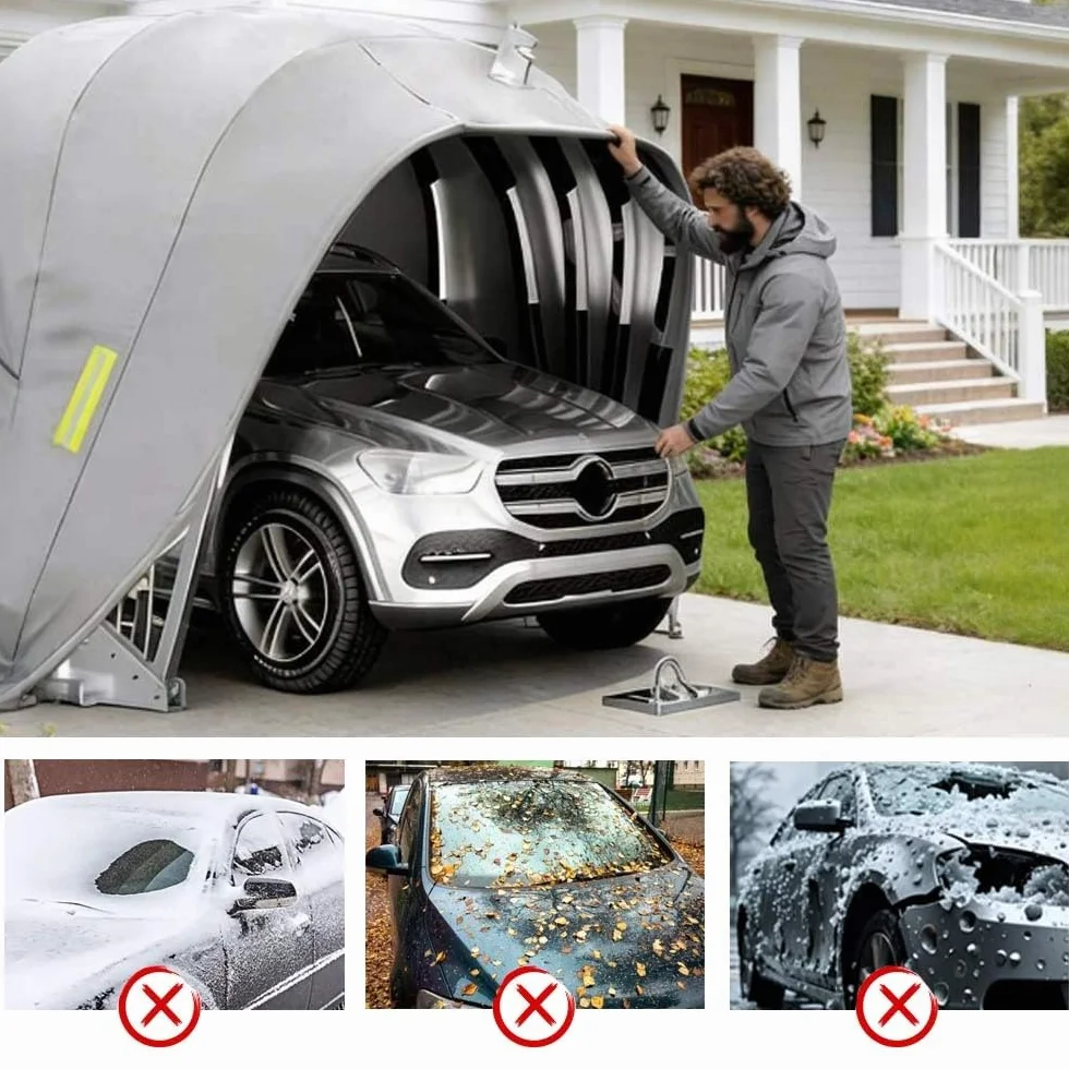 Tenda da Garage Semiautomatico in Acciaio Inossidabile, Carport Pieghevole Mobile, Resistente al Vento e Neve (Grigio)