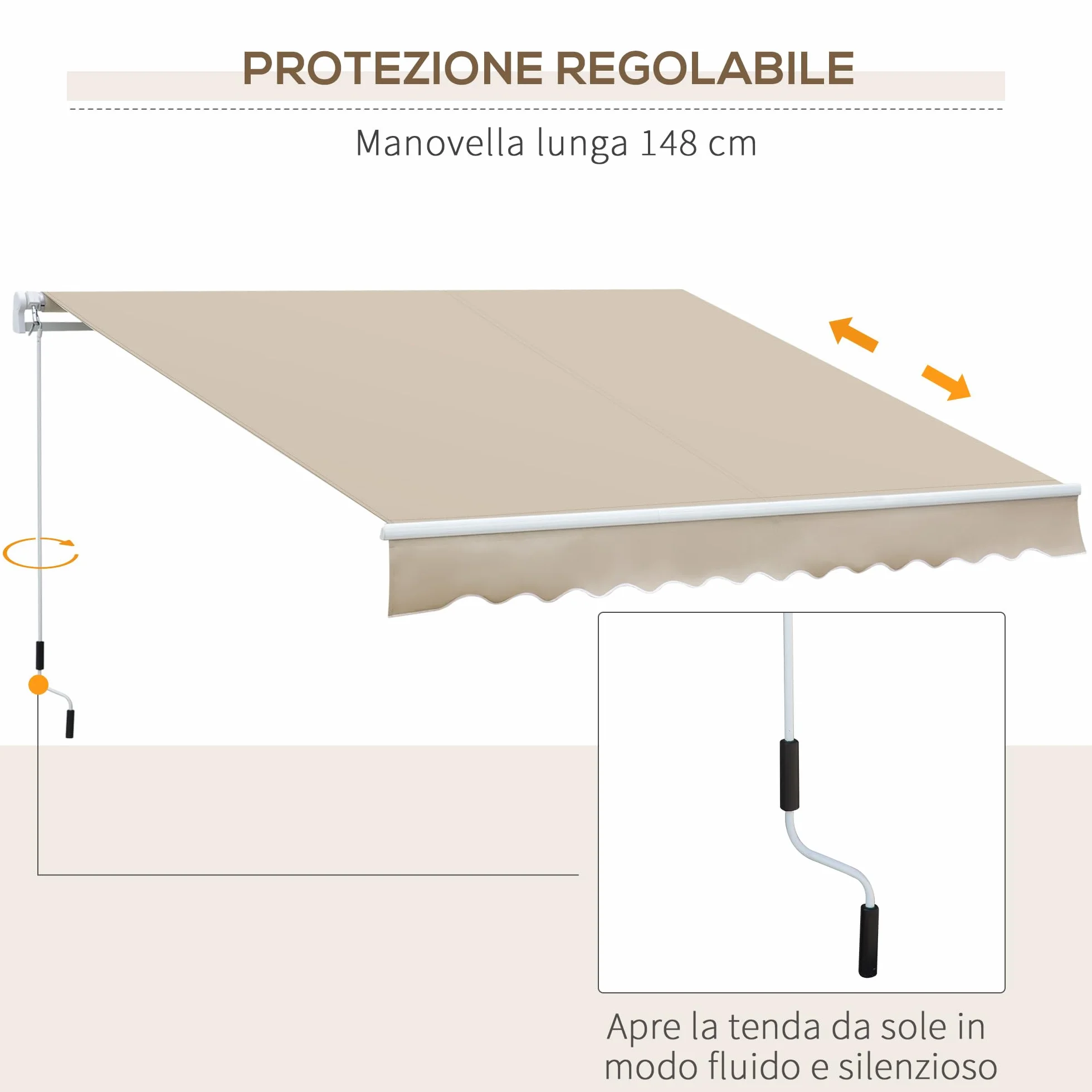Outsunny Tenda da Sole 3.5x2.5 m Braccio Avvolgibile Manovella Alluminio Poliestere 280 g/㎡ UV30+ Crema