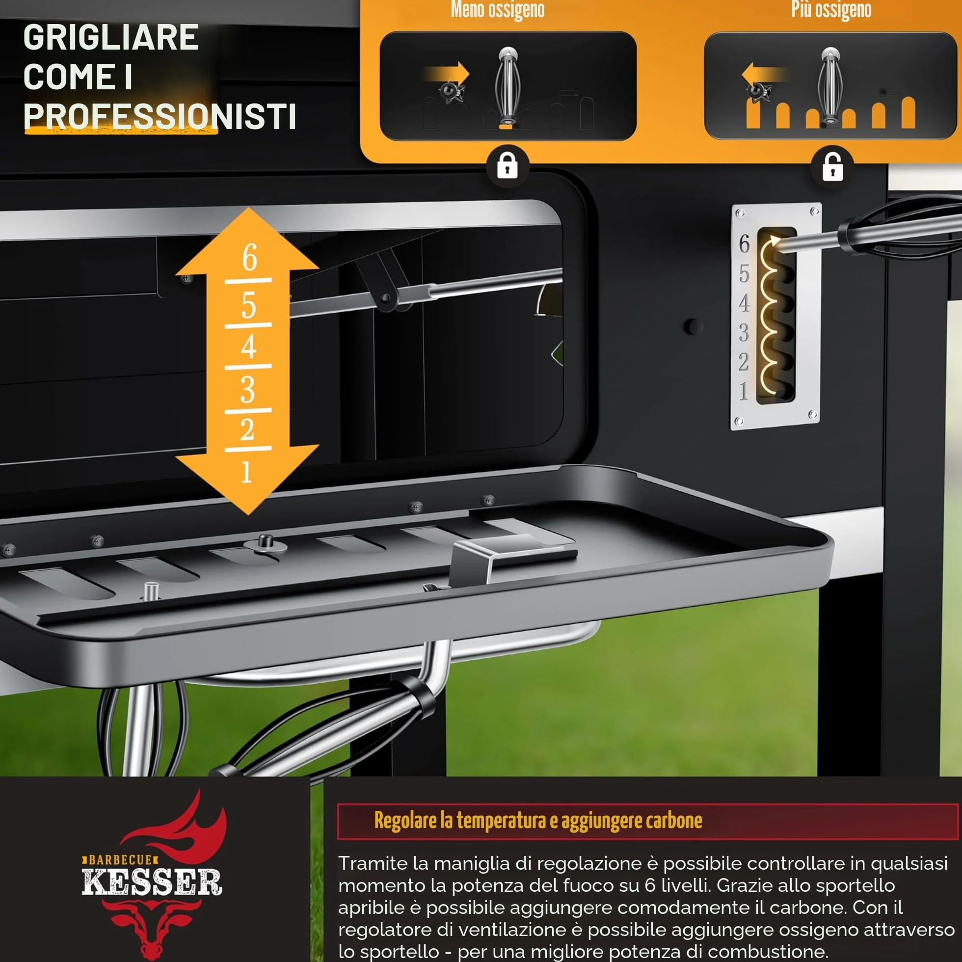 KESSER® Barbecue a carbonella XXL con Carrello, Coperchio, Acciaio Inox, Griglia e Termometro