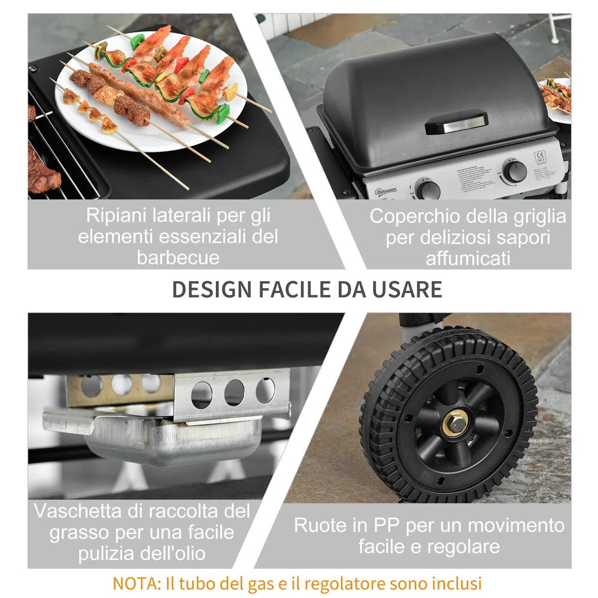 Outsunny Barbecue a Gas 5.6kW 2 Bruciatori, BBQ in Acciaio con Ruote e Mensole, 104x49x99cm Nero