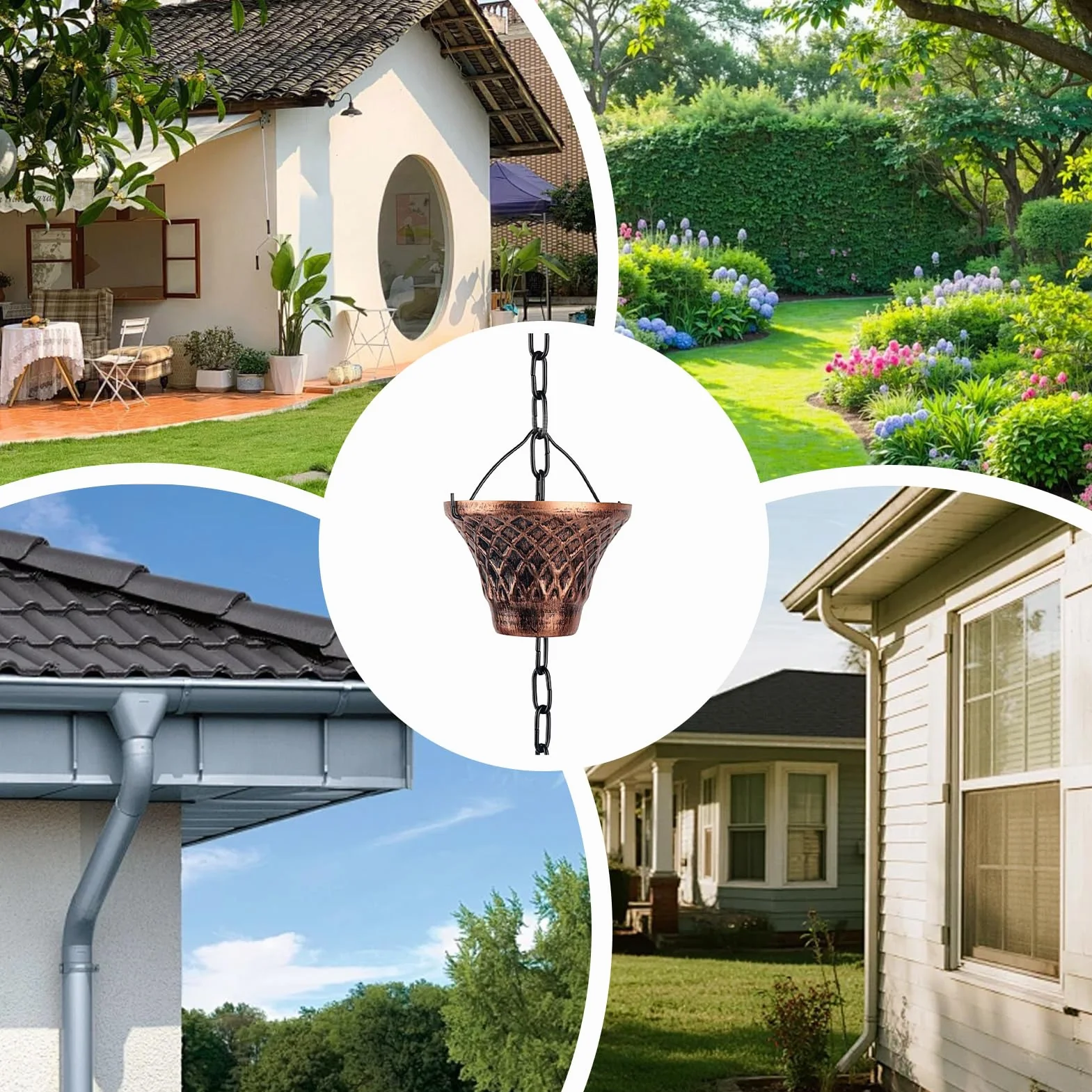 Catene da pioggia per grondaie, estensione decorativa per scarico del pluviale, 2,7 m, in rame, 12 tazze, per esterni, giardino, tetto, gazebo, albero