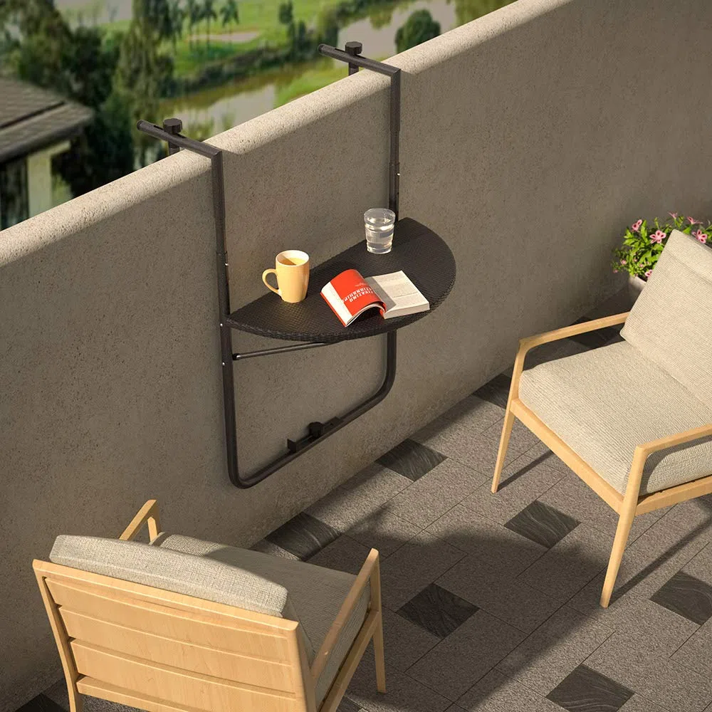 BAKAJI Tavolo Pieghevole da Ringhiera Esterno Balcone Altezza Regolabile Metallo Polyrattan Portabicchieri 60x64cm Nero