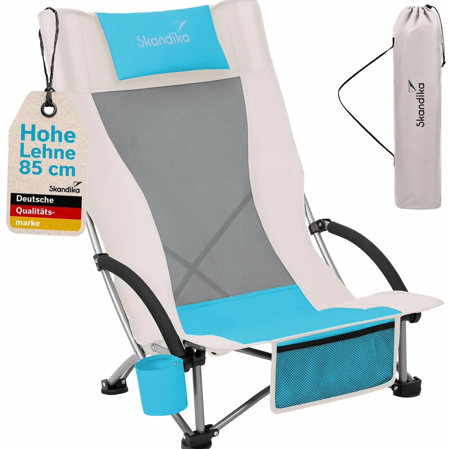 Skandika Sedia da spiaggia pieghevole - rete traspirante, portabicchieri, facile da trasportare e da piegare - peso massimo dell'utente 136 kg (beige/turchese)