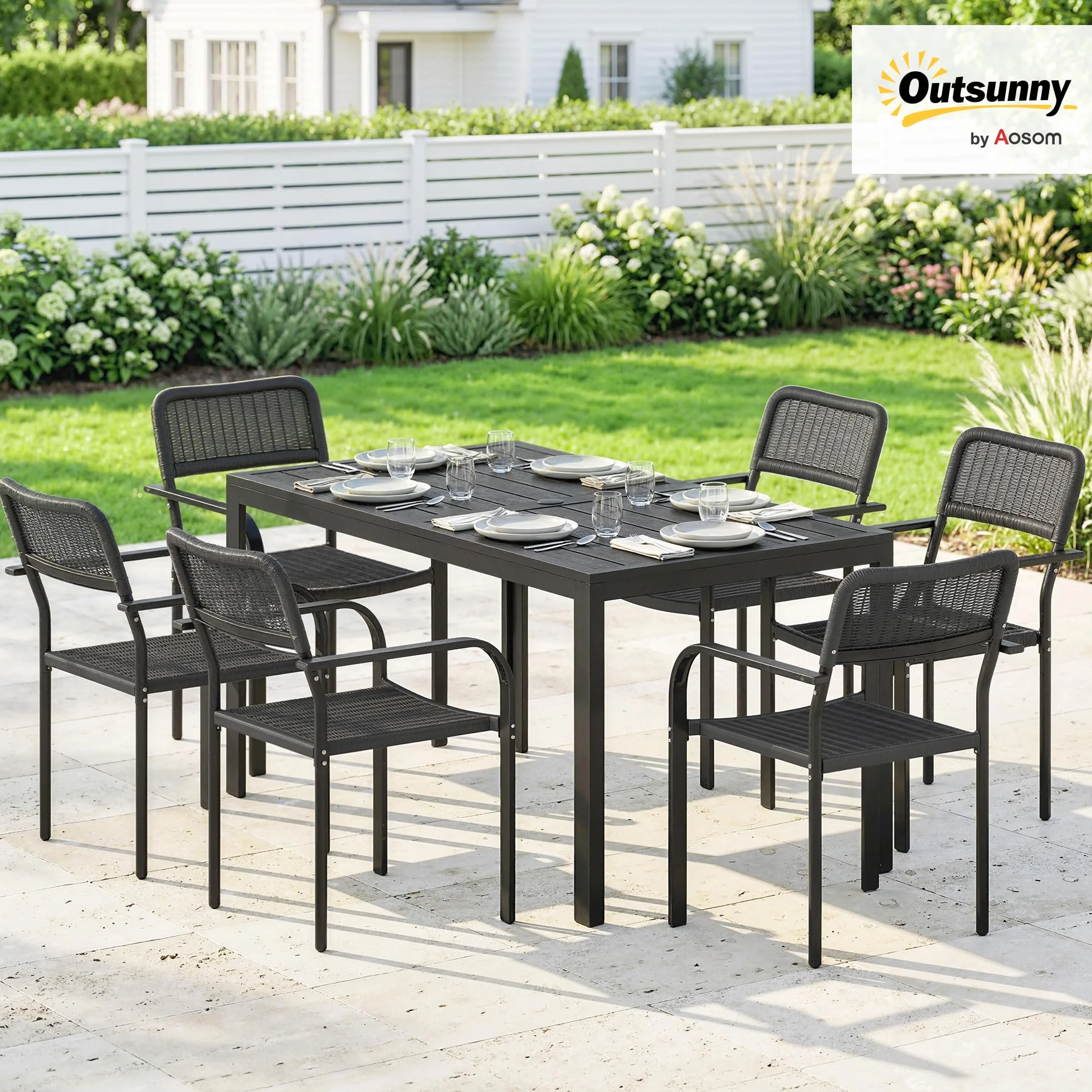 Outsunny Set Tavolo e Sedie da Giardino 7 Pezzi, Set da Pranzo Esterno con 6 Sedie Impilabili in Plastica Finto Rattan e Tavolo in Metallo Effetto Legno, Nero