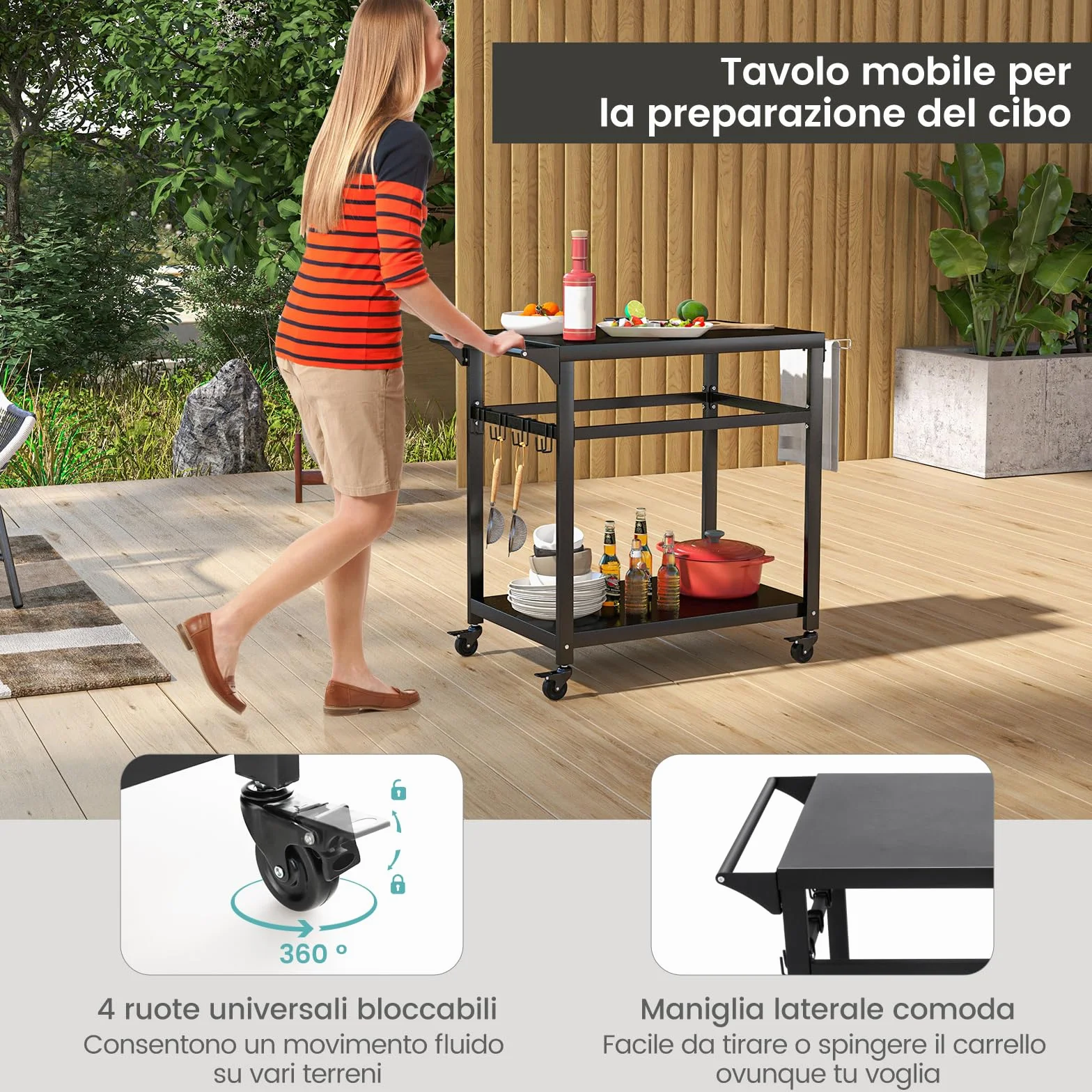 COSTWAY Carrello Barbecue da Esterno in Metallo con 2 Ripiani, 4 Ruote Bloccabili, Ganci, Maniglia Laterale