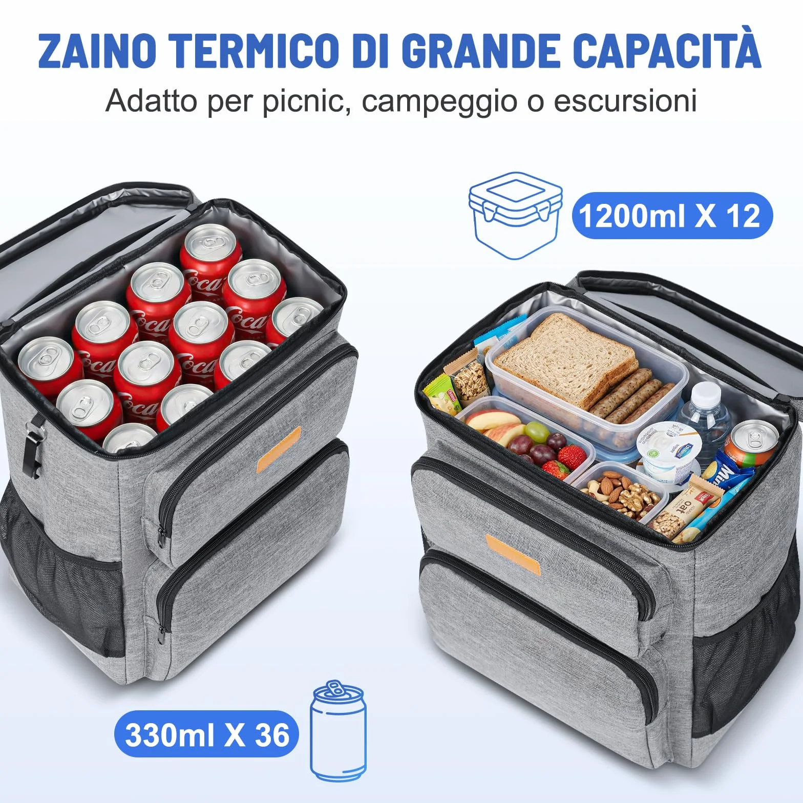 Zaino Termico Isoterma Impermeabile 33L Borsa Frigo Porta Pranzo per Spiaggia Grigio