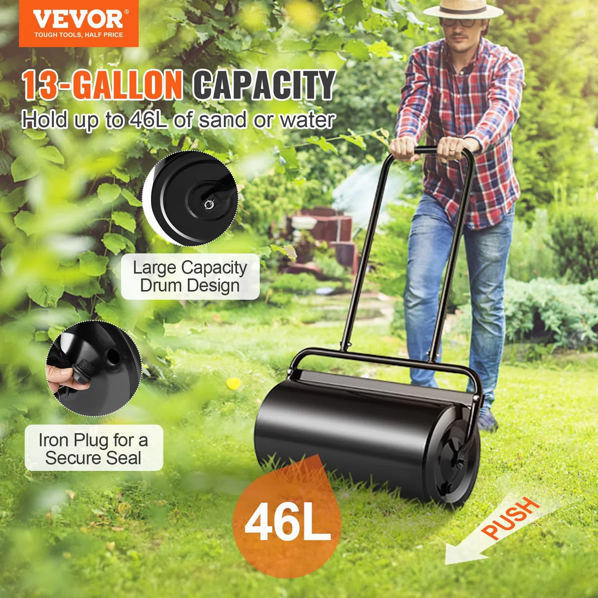 VEVOR Rullo da Giardino 46 L Acciaio Riempito Sabbia Acqua Maniglia Ergonomica