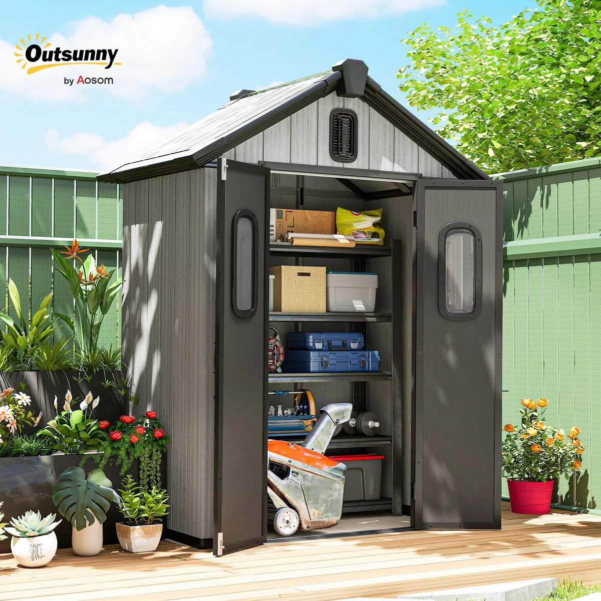 Outsunny Casetta da Giardino 1.3m² in Plastica con Pavimento, Telaio Metallo, Capanno da Giardino Porta Attrezzi con Prese d'Aria, 2 Finestre, Doppia Porta Bloccabile, Tetto Inclinato, Grigio