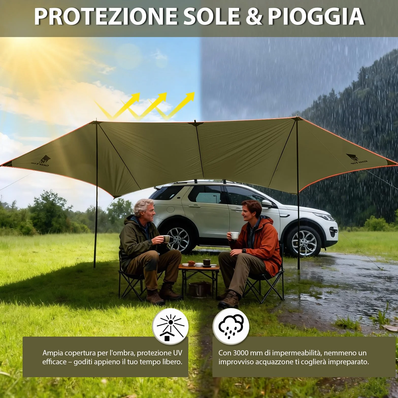 Tenda da Sole Auto GeerTop 3,5 x 5,8 m Impermeabile 3000 mm, Grande Tenda Laterale con 2 Aste, Tettoia Solare Impermeabile per Campeggio Auto, SUV, MPV, Camper