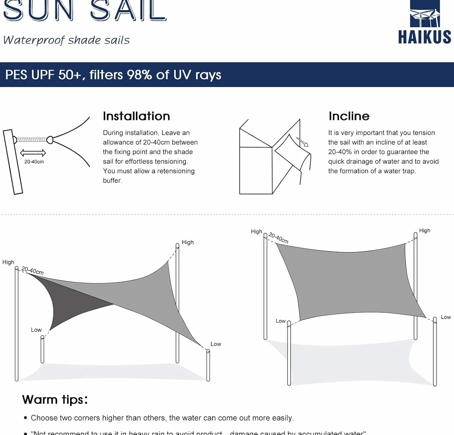 Tenda a Vela Ombreggiante Impermeabile Rettangolare 3x4 m, Protezione Raggi UV 98%, Telo Ombra 400x300, Bianca Beige