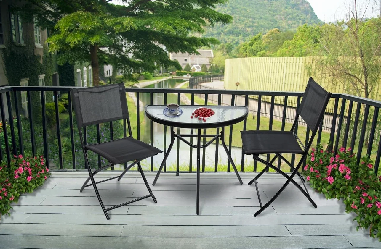 JUMI Pratico tavolo da giardino 70 x 64 x 40 cm - Tavolo da balcone semicircolare per balcone, terrazza, giardino, campeggio, tavolo compatto con piano in vetro, telaio in metallo, colore nero