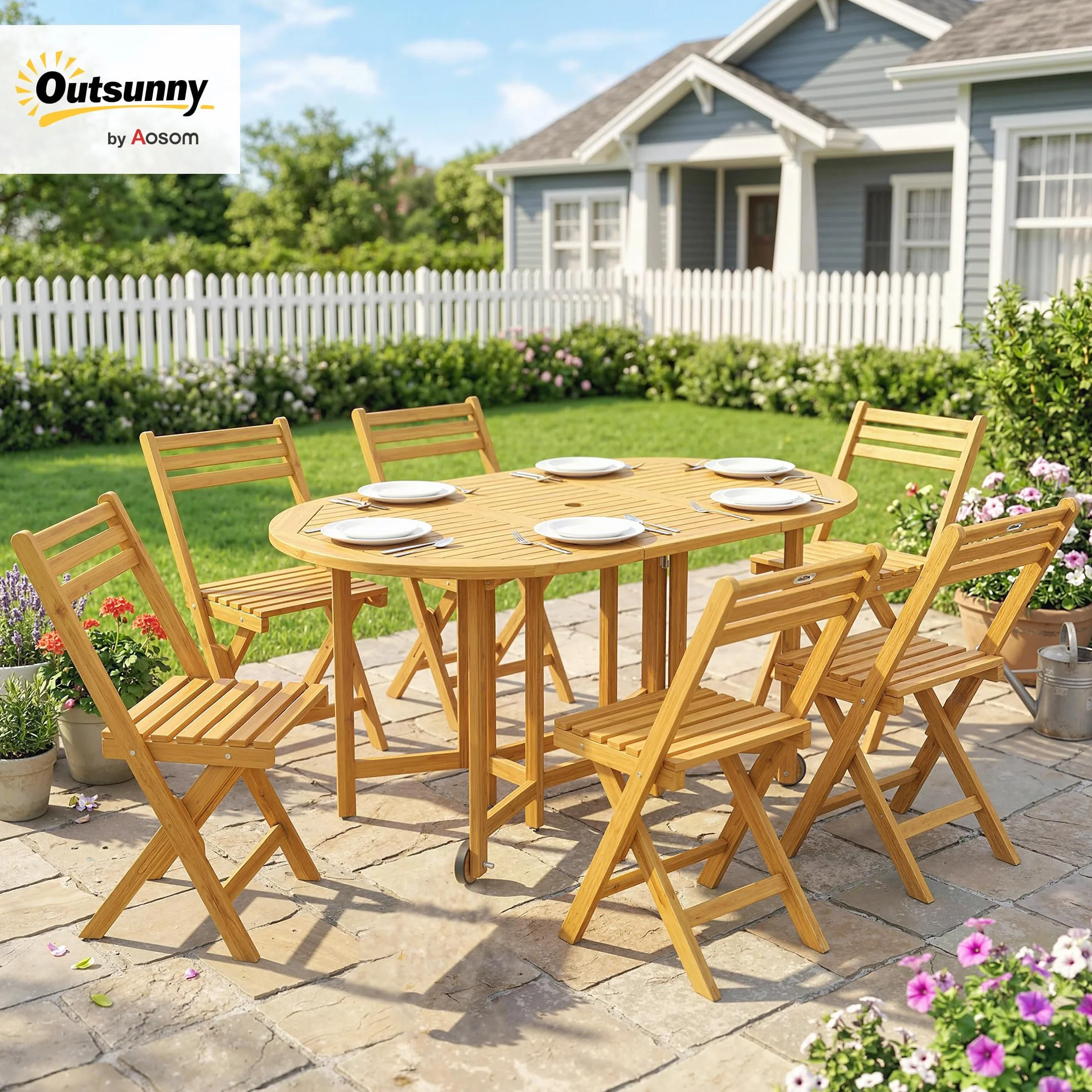 Outsunny Set Tavolo e Sedie da Giardino 7 Pezzi in Legno Acacia Pieghevole con Foro Ombrellone Ruote