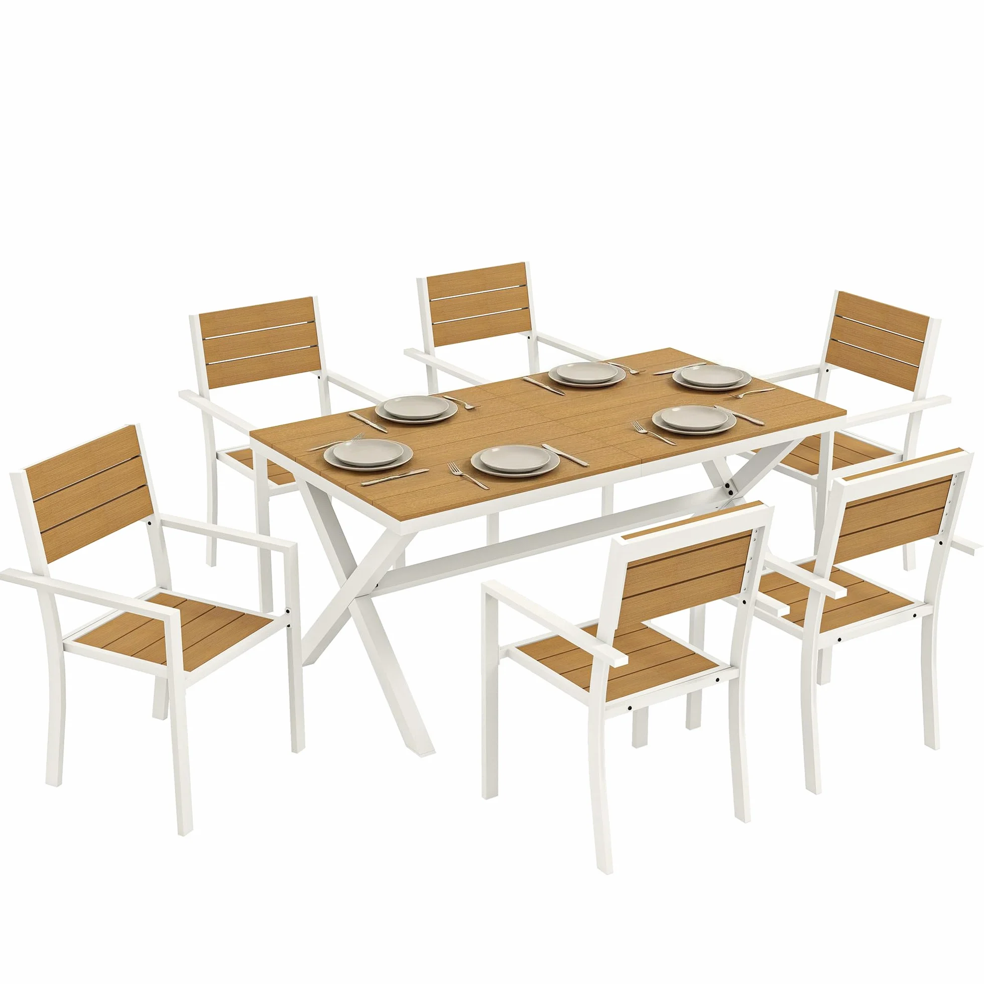 Outsunny Set Tavolo e Sedie da Giardino 7 Pezzi, Alluminio, 6 Sedie Impilabili, Tavolo Effetto Legno, Teak