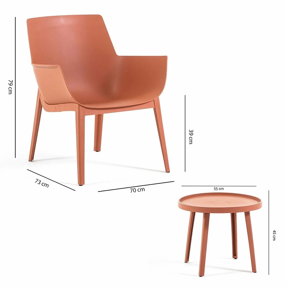 SIEDITI FUORI E DENTRO Set di 2 poltrone con tavolino basso da giardino esterno in polipropilene rinforzato con fibra di vetro, per piscina, poltroncine per balcone - Betty (Terracotta)