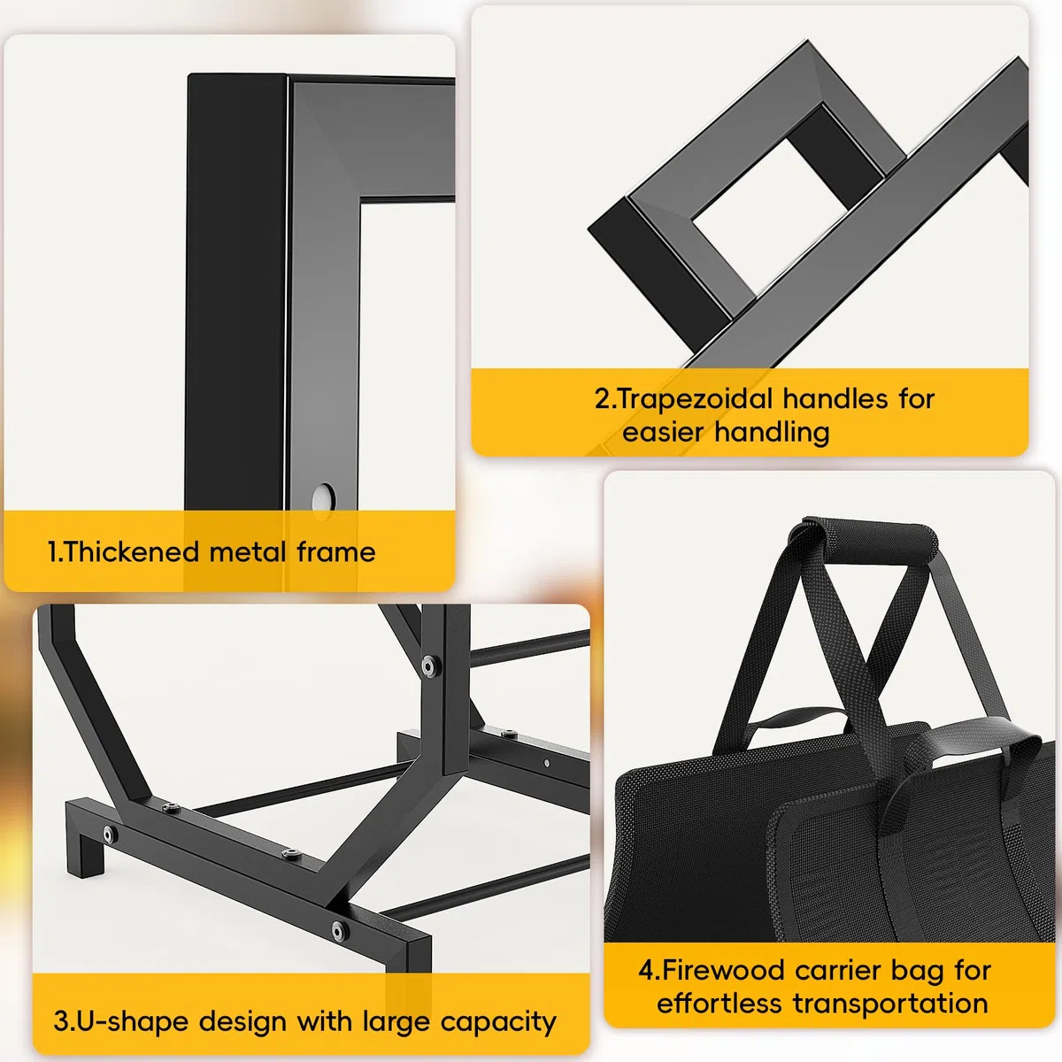 Portalegna Rinforzato Porta Legna da Interno Esterno Antigraffio Metallo 250lbs 4 Gambe con Sacchetto Trasporto per Camino 43x53x33.1cm Nero