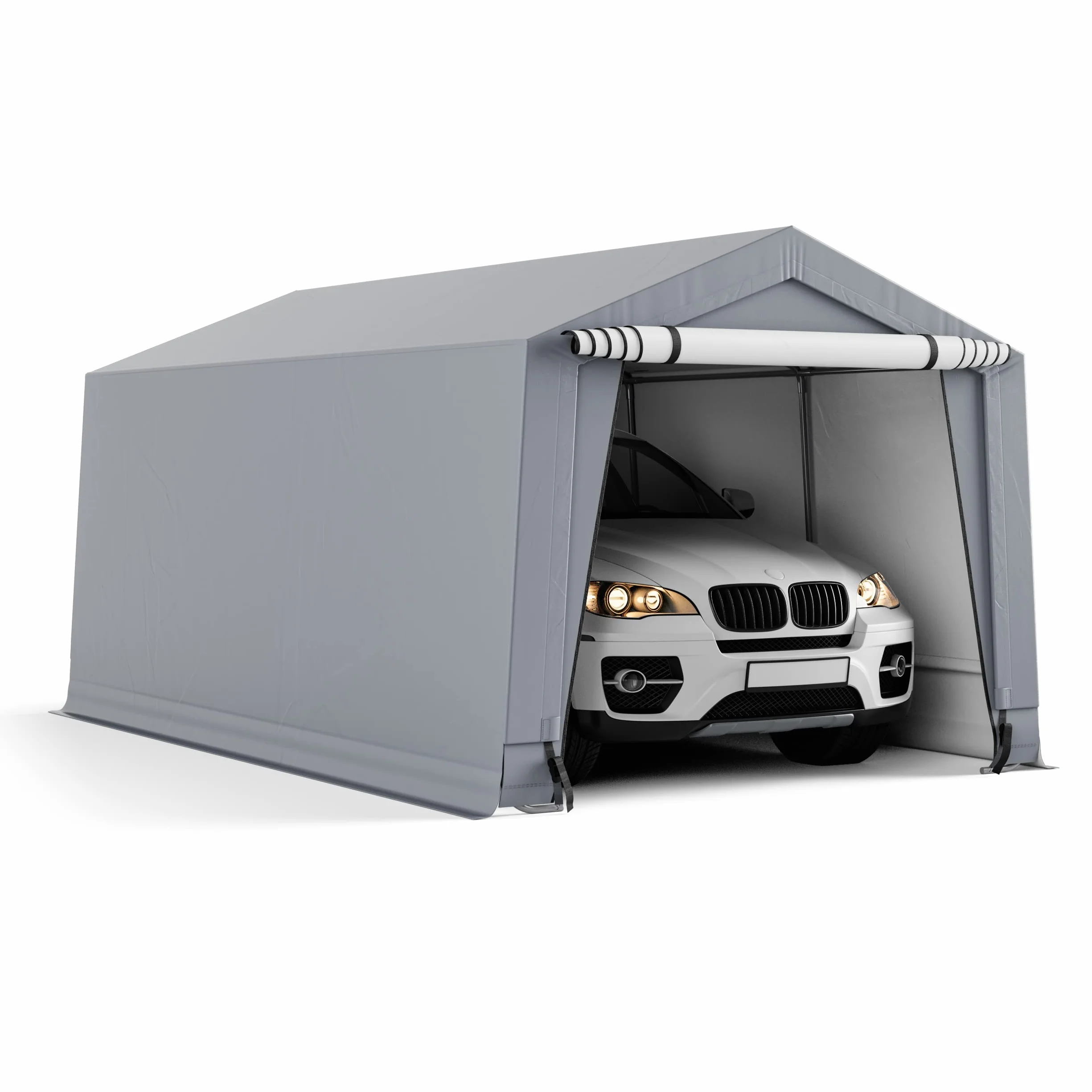 COSTWAY Tendone Garage 2,9 x 4,9 m Telaio in Acciaio Zincato Travi Triangolari Rinforzate Grigio