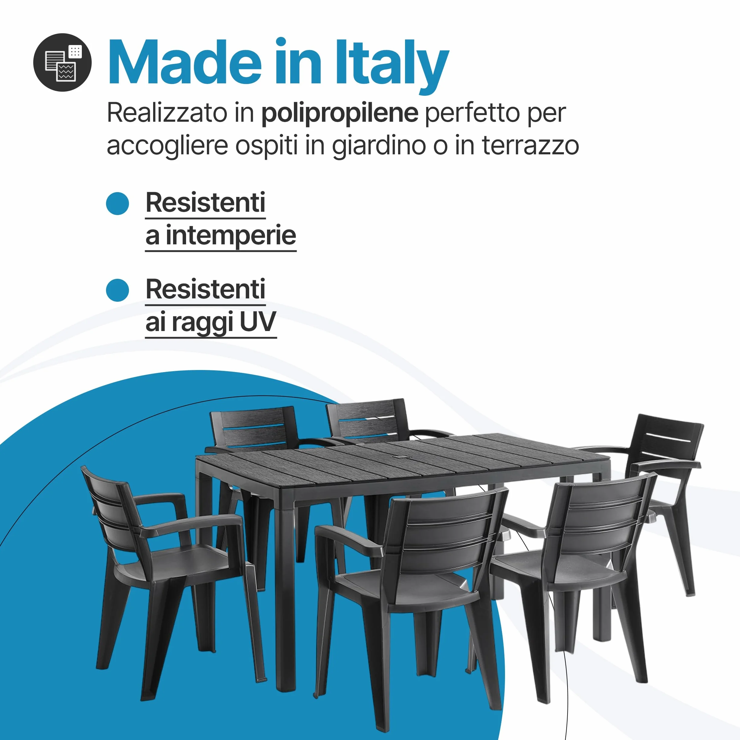 Tomaino Set Savana Tavolo da Giardino con 6 Sedie in Plastica Allungabile Nero