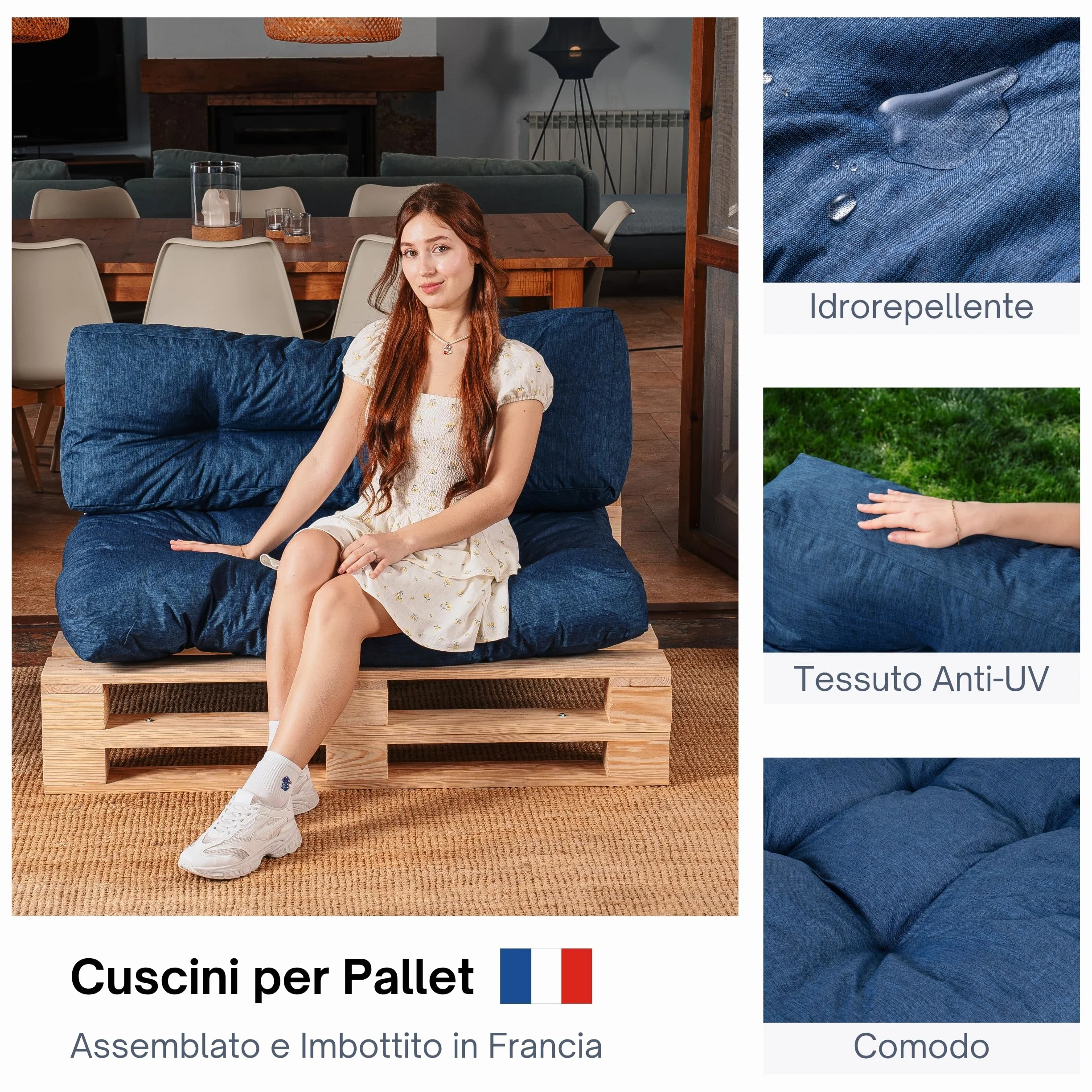 bananair - Cuscini per Pallet - Tessuto Idrorepellente e Anti-UV - Molto Confortevole, Imbottito in Schiuma - Cuscini per Divano Esterno Giardino (Seduta 120x80 cm + Schienale 120x40 cm, Blu)