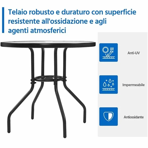 Yaheetech Tavolo da Giardino Rotondo in Vetro Diametro 70 cm con Foro Ombrellone Altezza 73 cm Nero