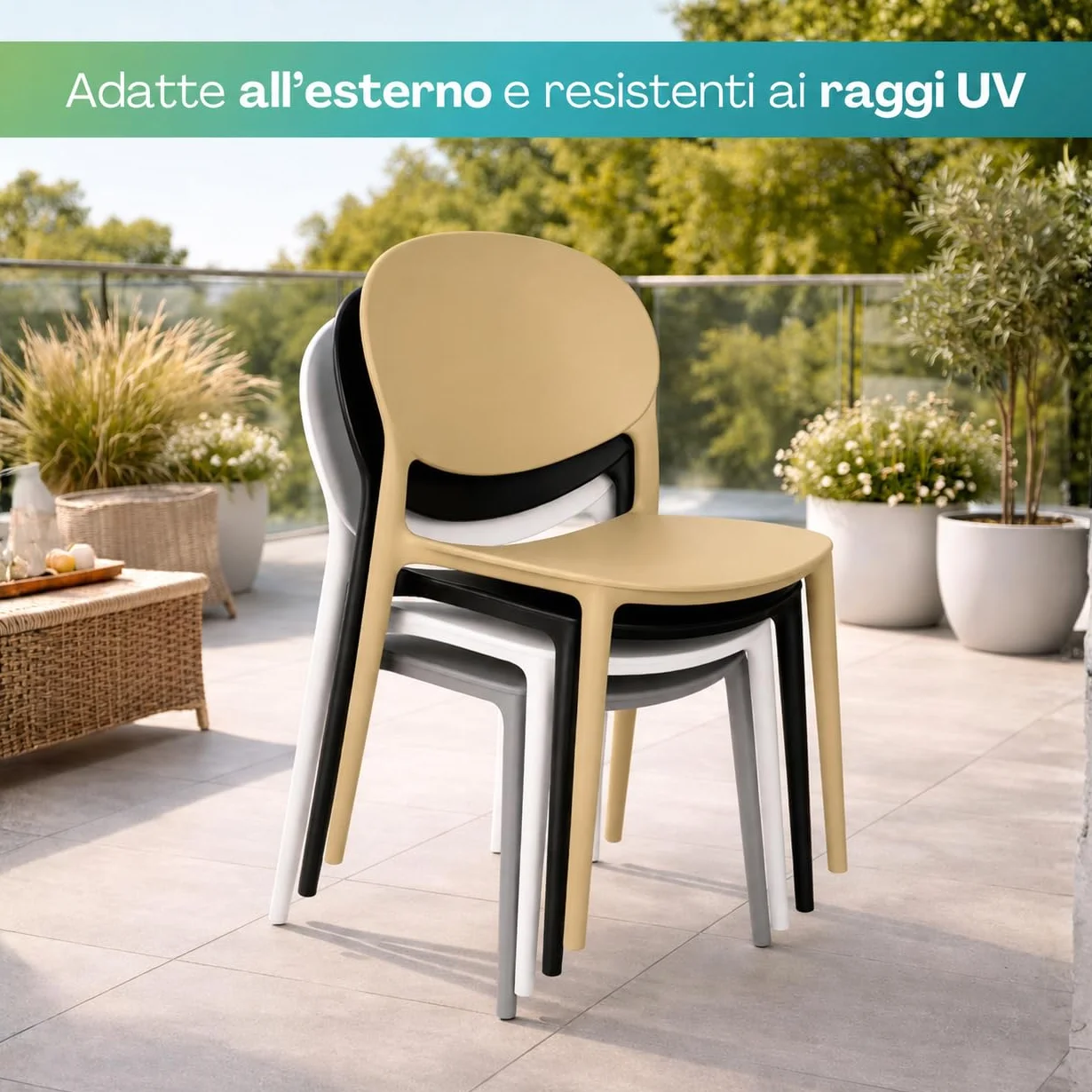 PALUPLUS Set 4 Sedie Oslo Schienale Ovale Polipropilene Impilabili Gommini Antiscivolo Sedia Giardino Esterno Interno Nero 43,5x55x80 cm