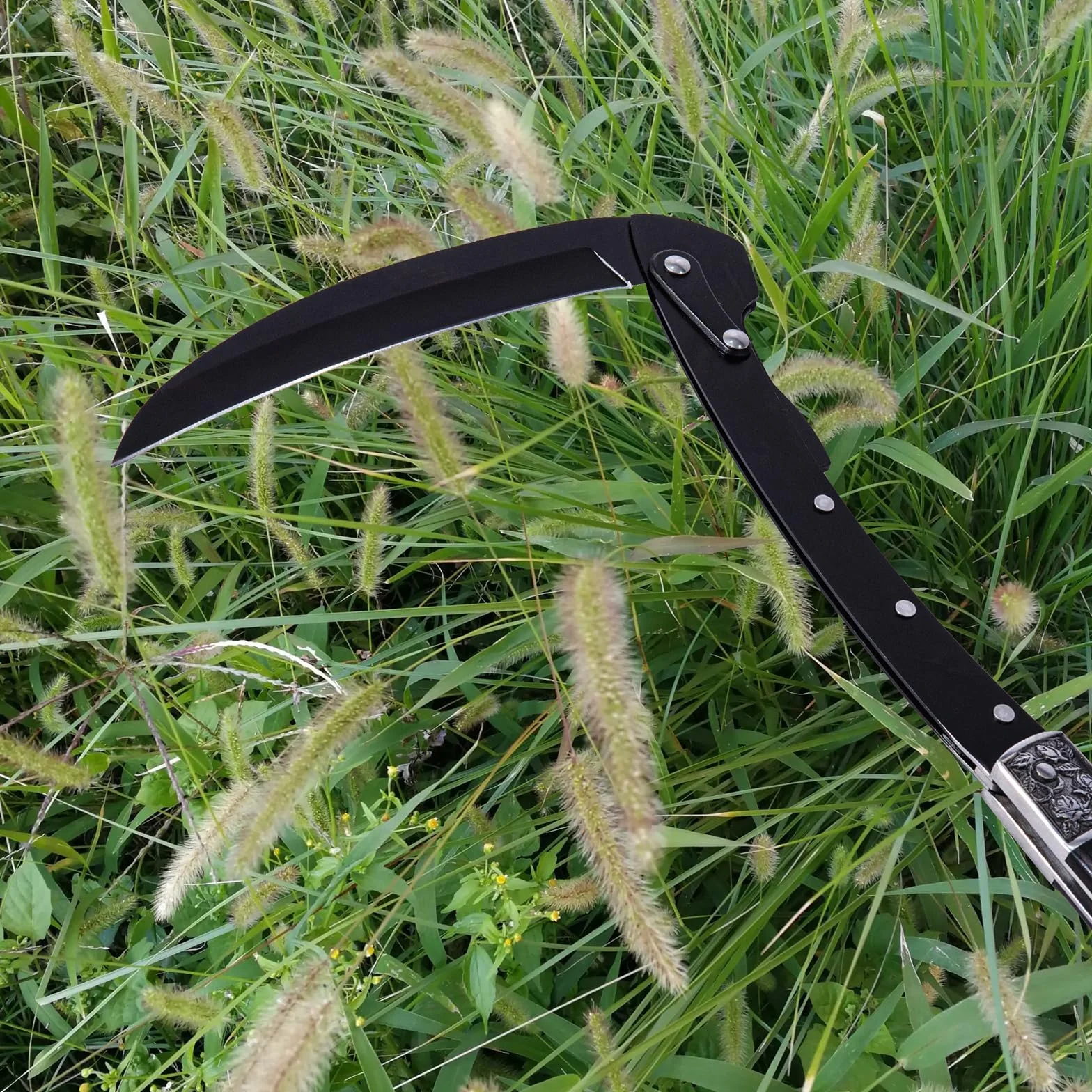 Falce da giardino pieghevole, falciole, pieghevole, con fodero, facile da trasportare, attrezzi da giardino per la raccolta di piante, regalo per uomini, nero, affilato