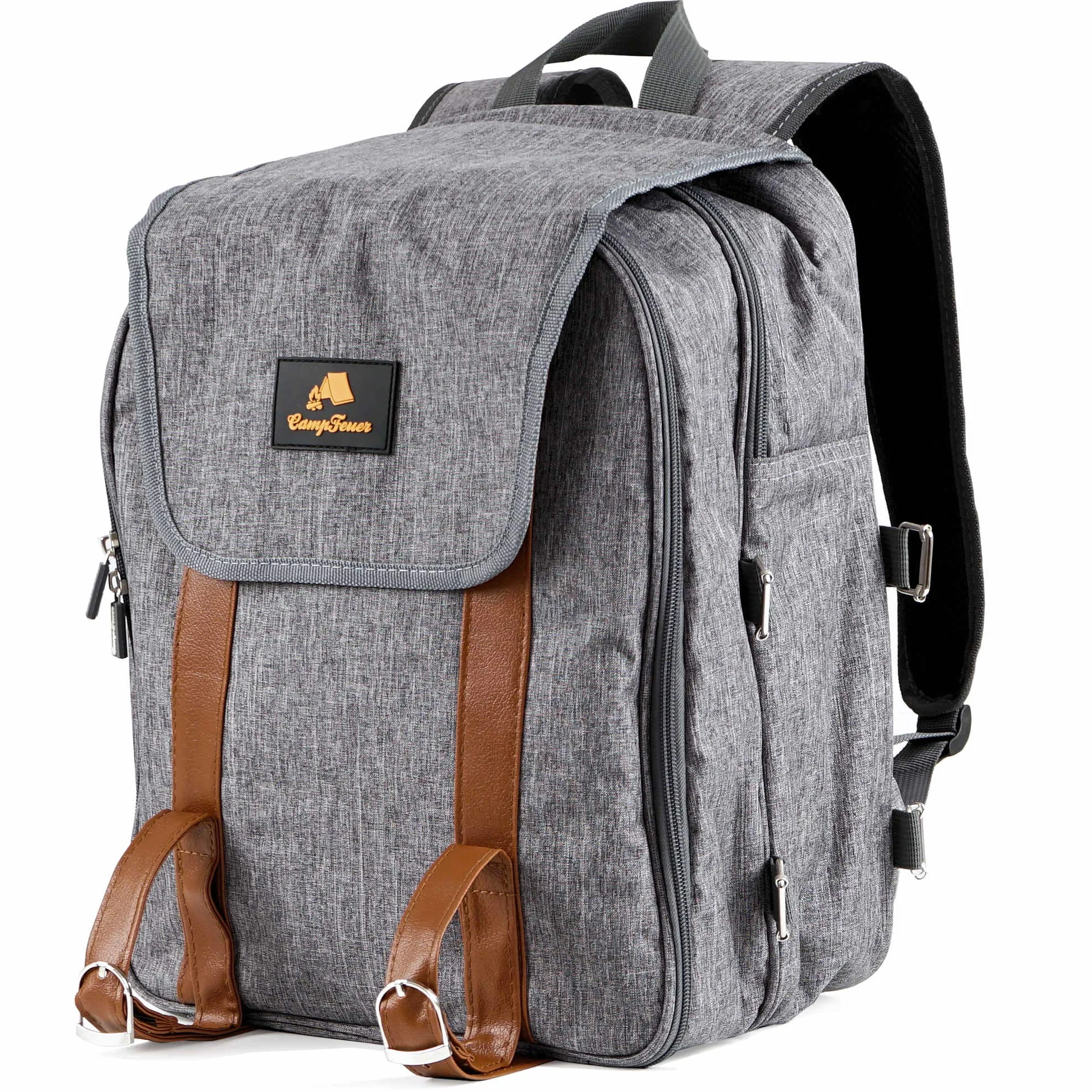 CampFeuer Zaino da Picnic per 4 persone | Set per picnic da 32 pezzi | grigio | con supporto per bottiglie, coperta da picnic, grande scomparto termico, stoviglie e posate