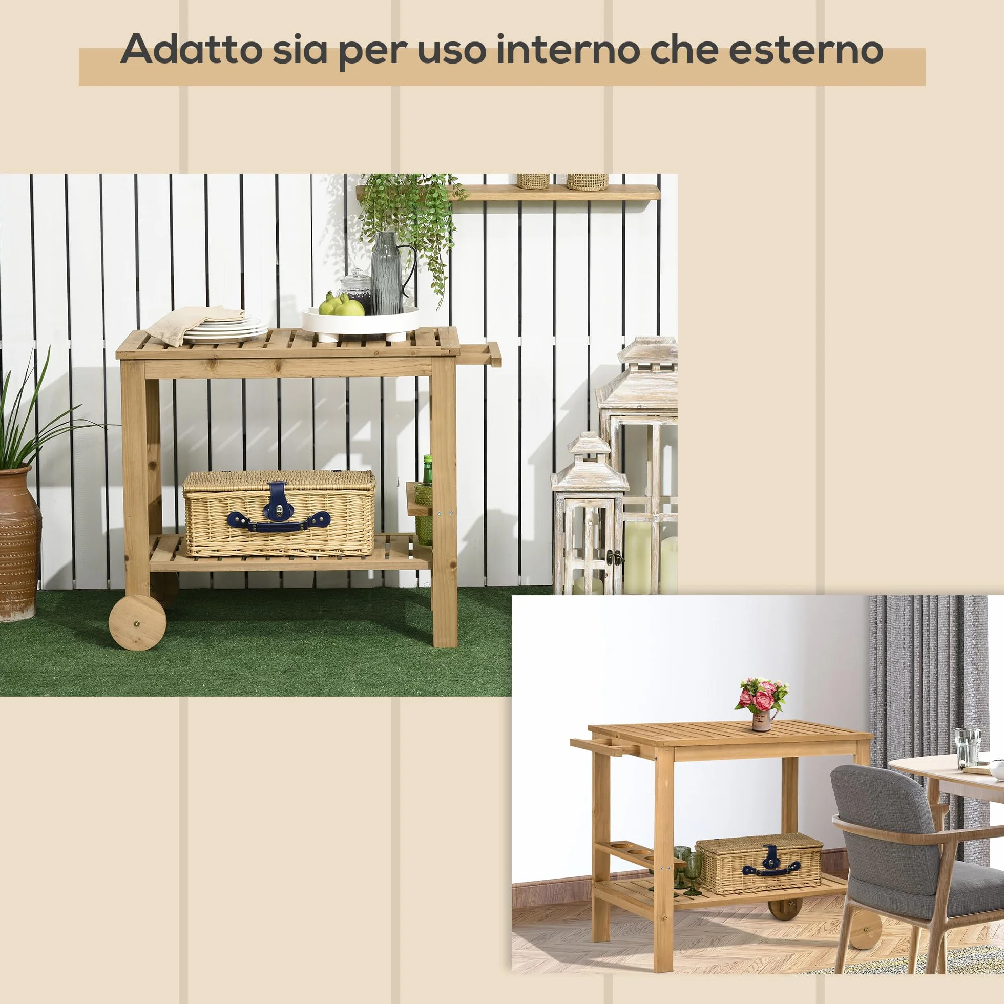 Outsunny Carrello Portavivande da Giardino in Legno di Abete 95x47x74 cm