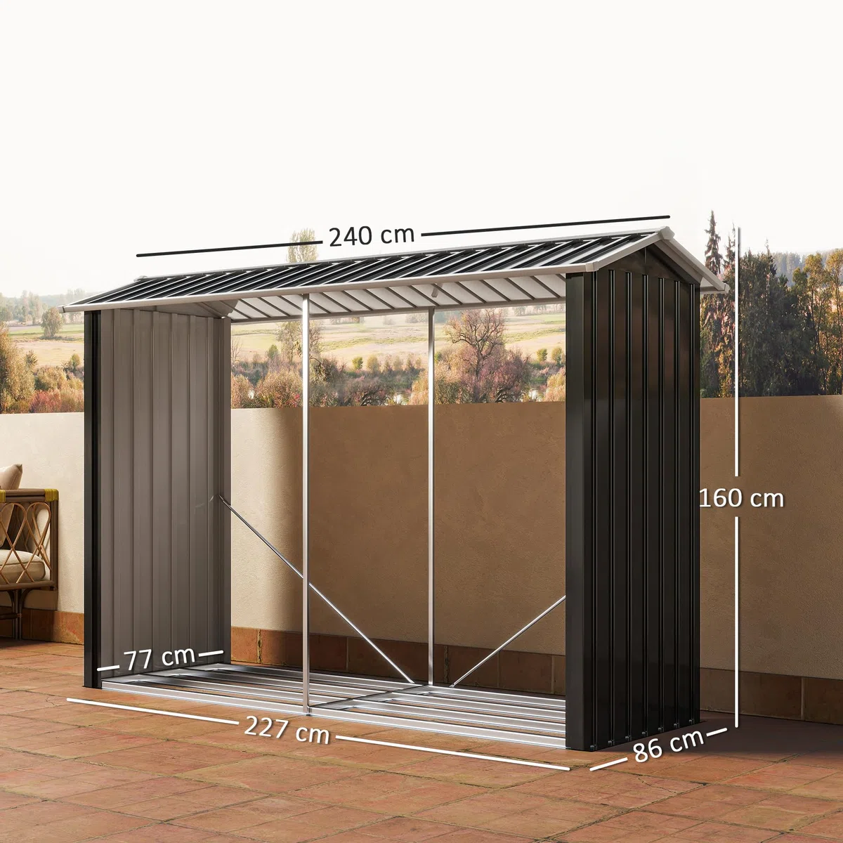 Outsunny Portalegna da Esterno Acciaio Galvanizzato 240x86x160cm Nero con Base Rialzata e Tetto Inclinato