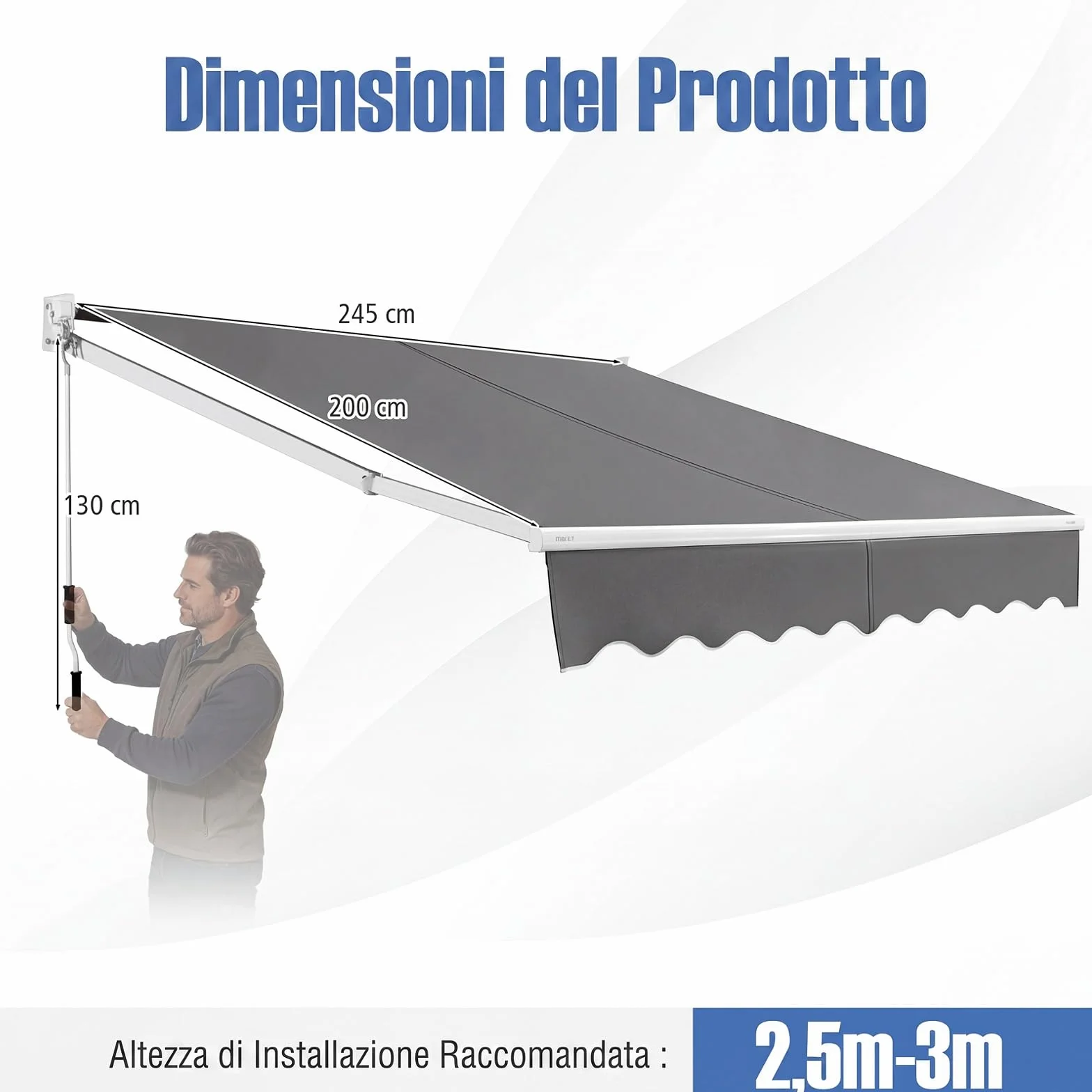 COSTWAY Tenda da Sole per Esterno Avvolgibile a Bracci Estensibili in Alluminio Impermeabile Grigio 245 x 200 cm