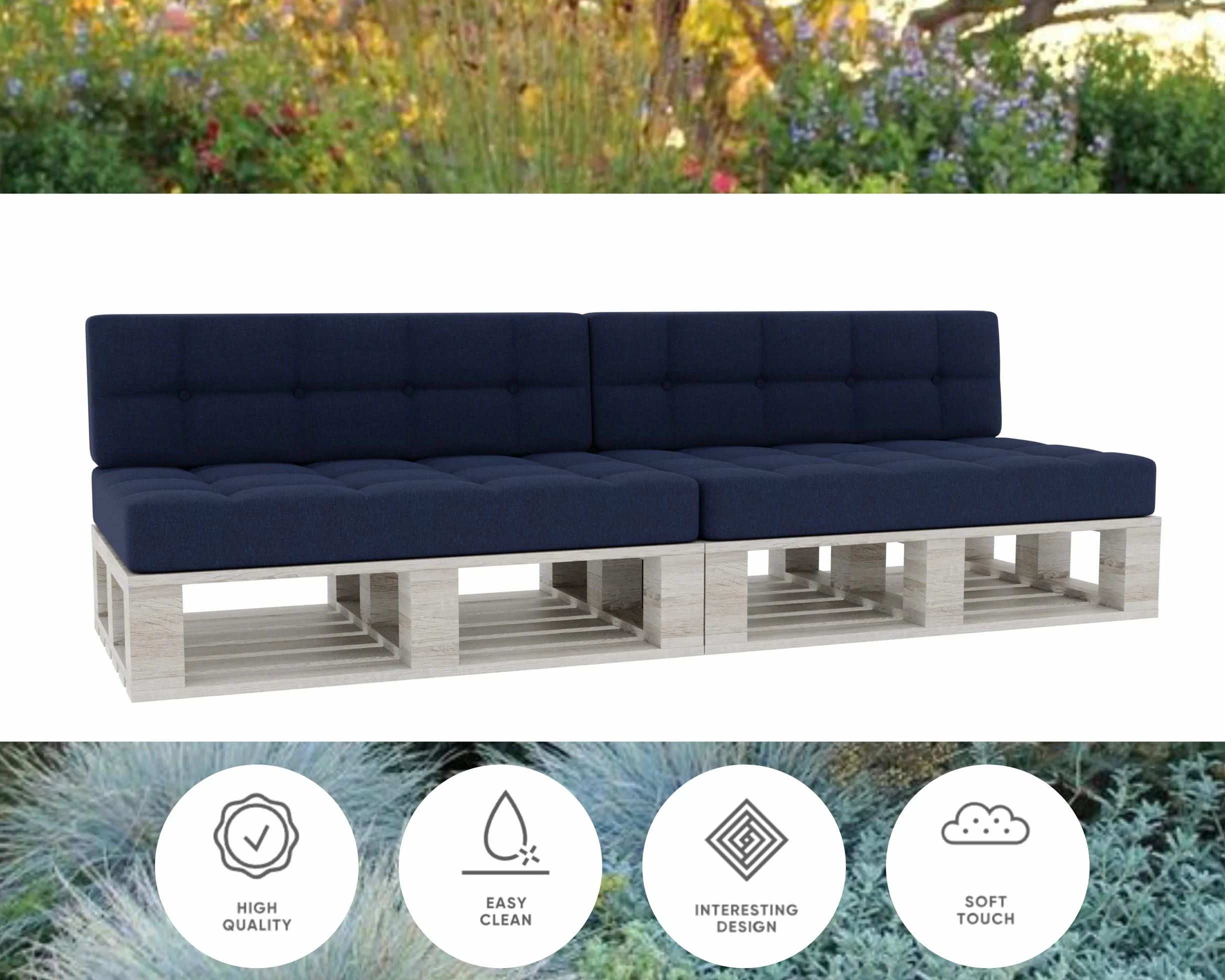 Gutekissen® Cuscini per pallet Cuscini trapuntati con bottoni, Cuscini per pallet trapuntato PFG 2xSet (Cuscino di seduta 120x80 +Schienale 120x40), Navy Blau
